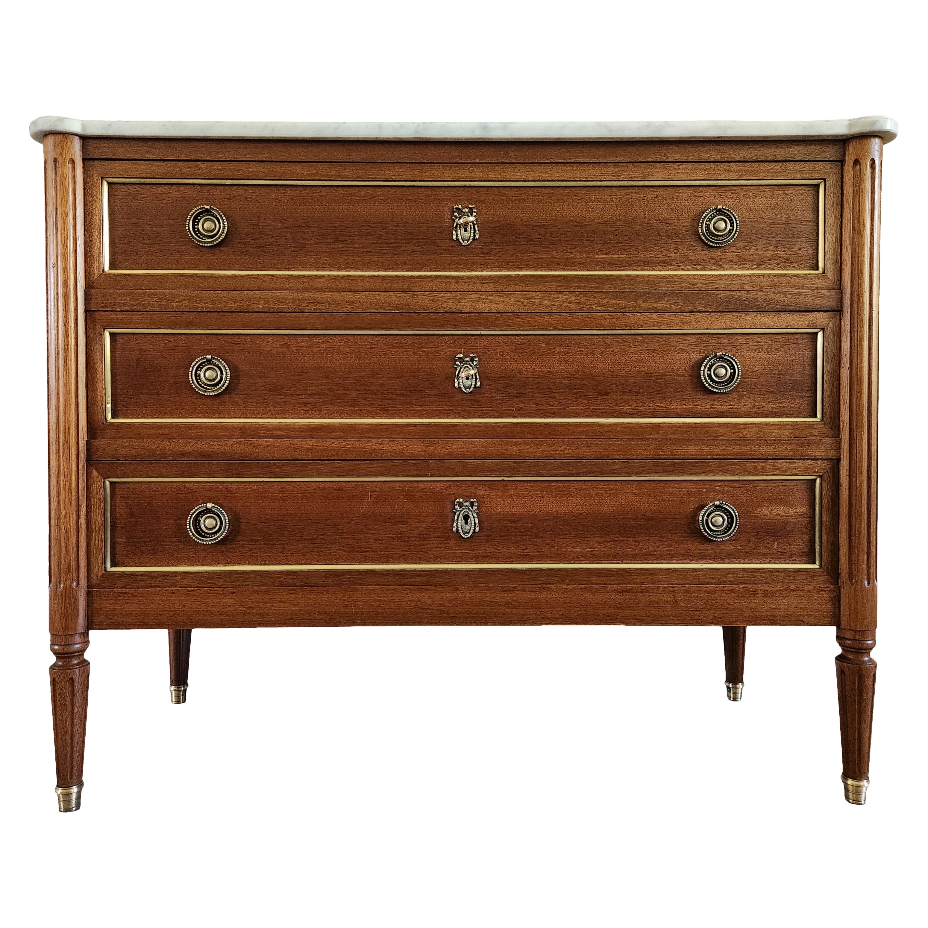 Antique French Louis XVI Commode Chest Of Drawers, Marble & Bronze For Sale