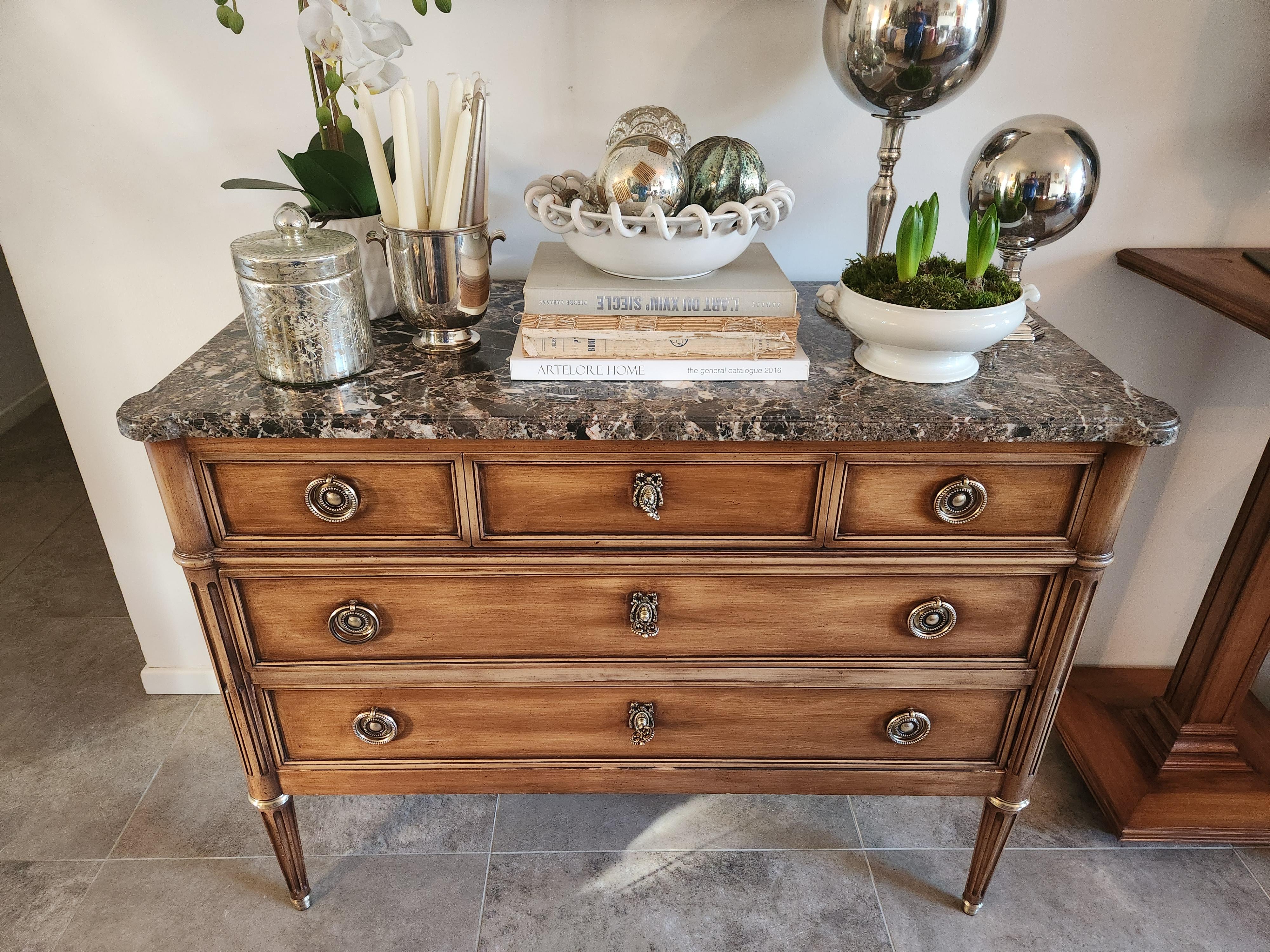 Luigi XVI Antique French Louis XVI Commode Chest Of Drawers, Marbre & Bronze in vendita