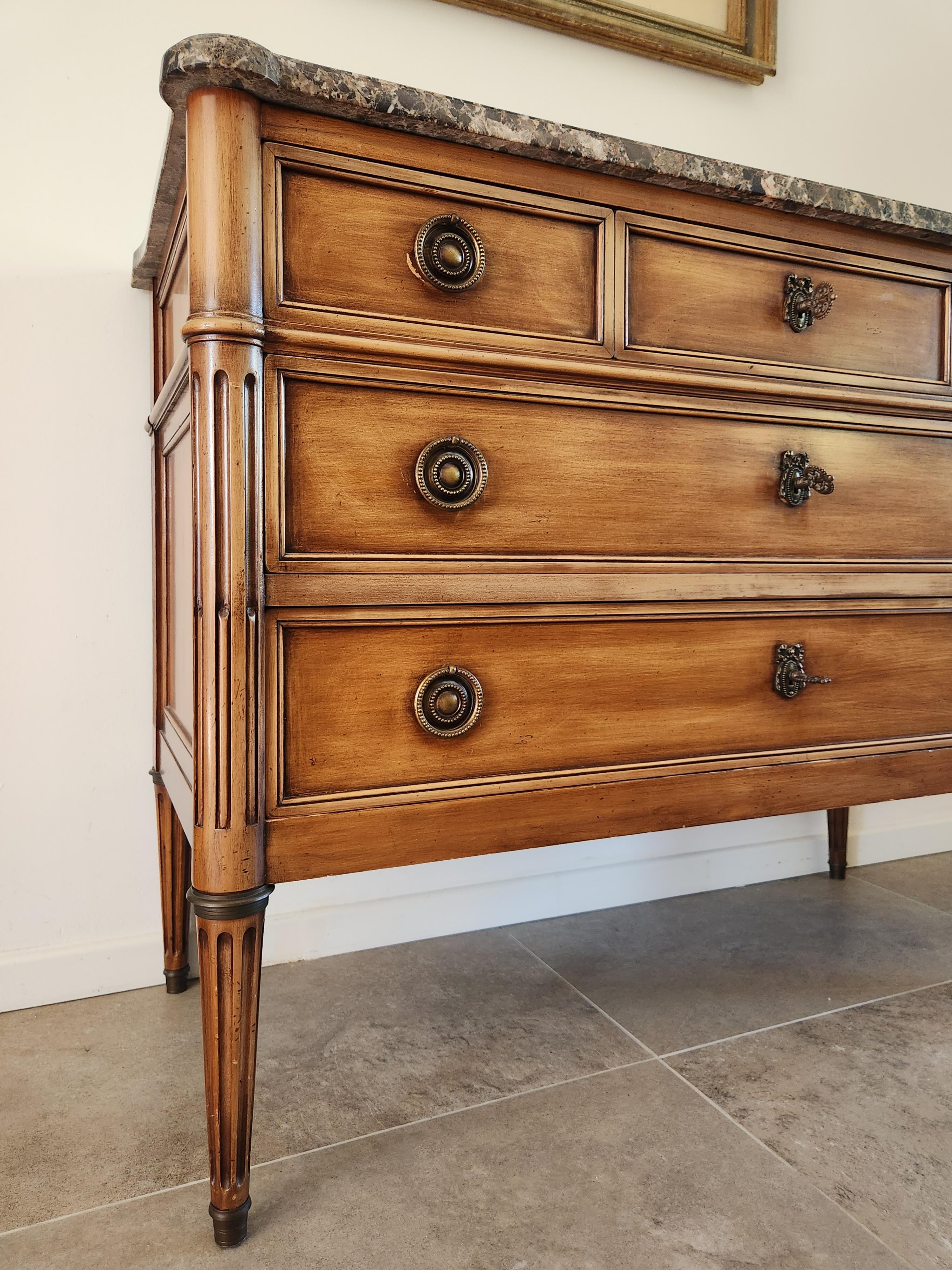 Francese Antique French Louis XVI Commode Chest Of Drawers, Marbre & Bronze in vendita