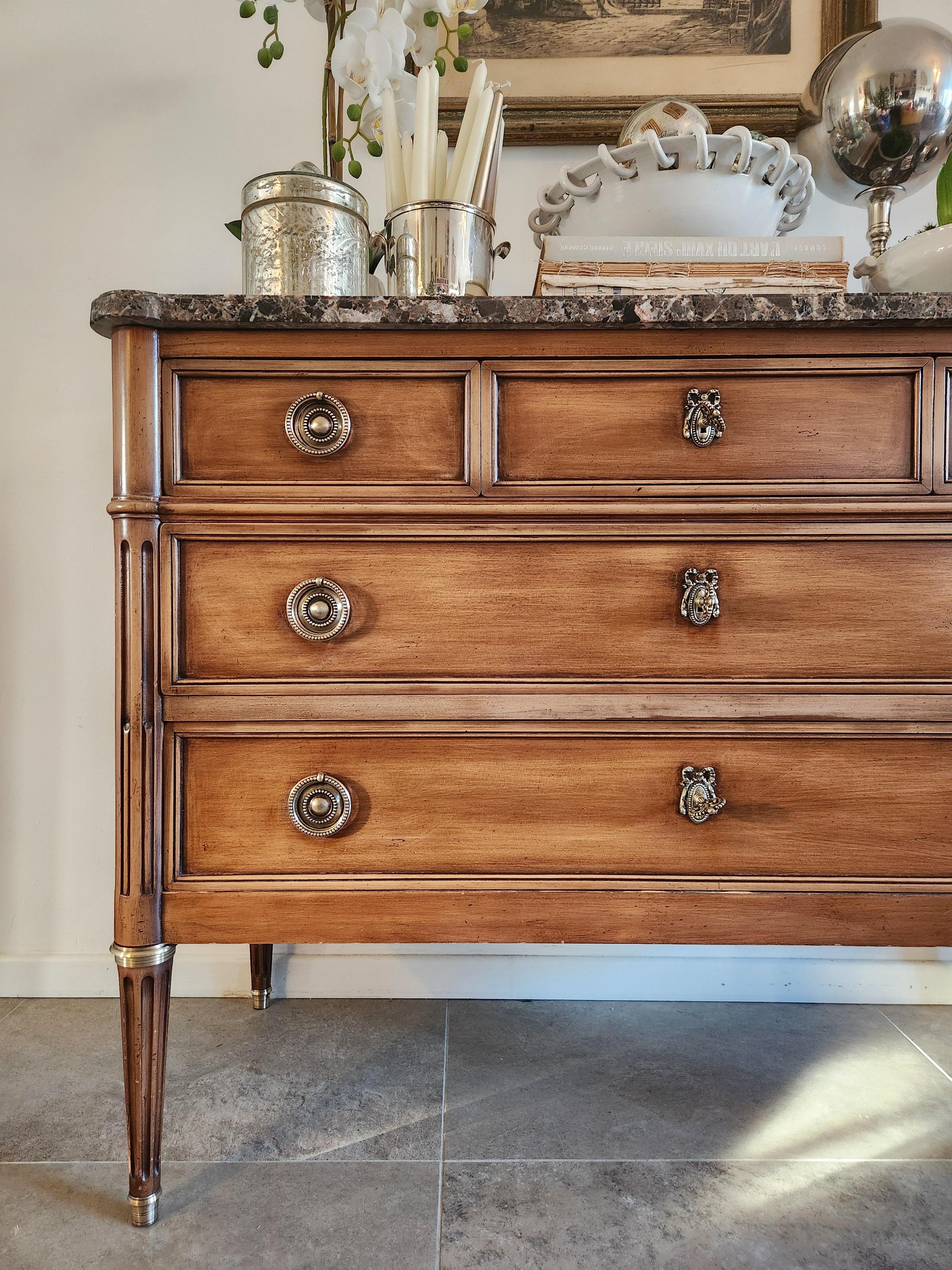 Inizio XX secolo Antique French Louis XVI Commode Chest Of Drawers, Marbre & Bronze in vendita