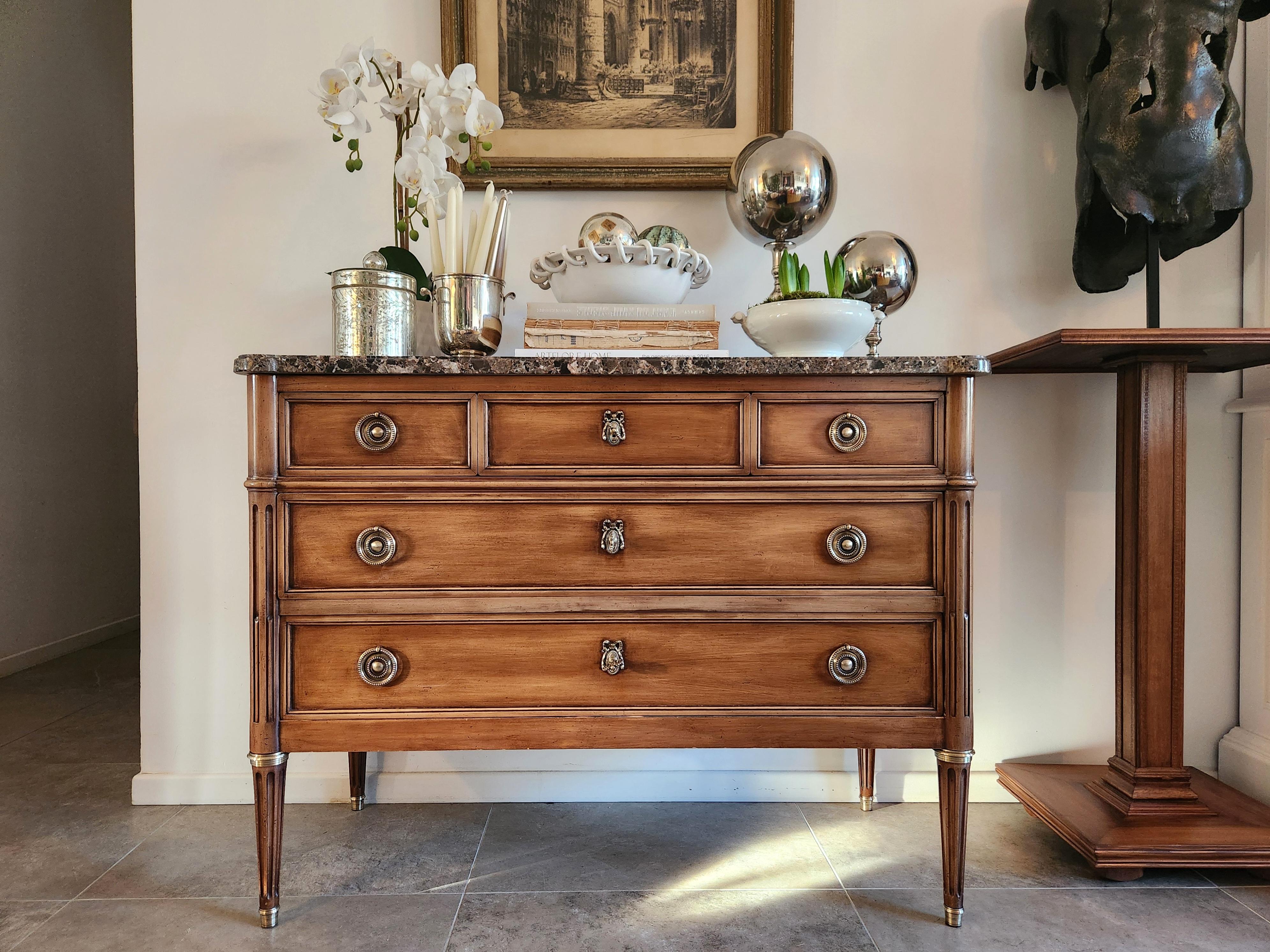 Marmo Antique French Louis XVI Commode Chest Of Drawers, Marbre & Bronze in vendita