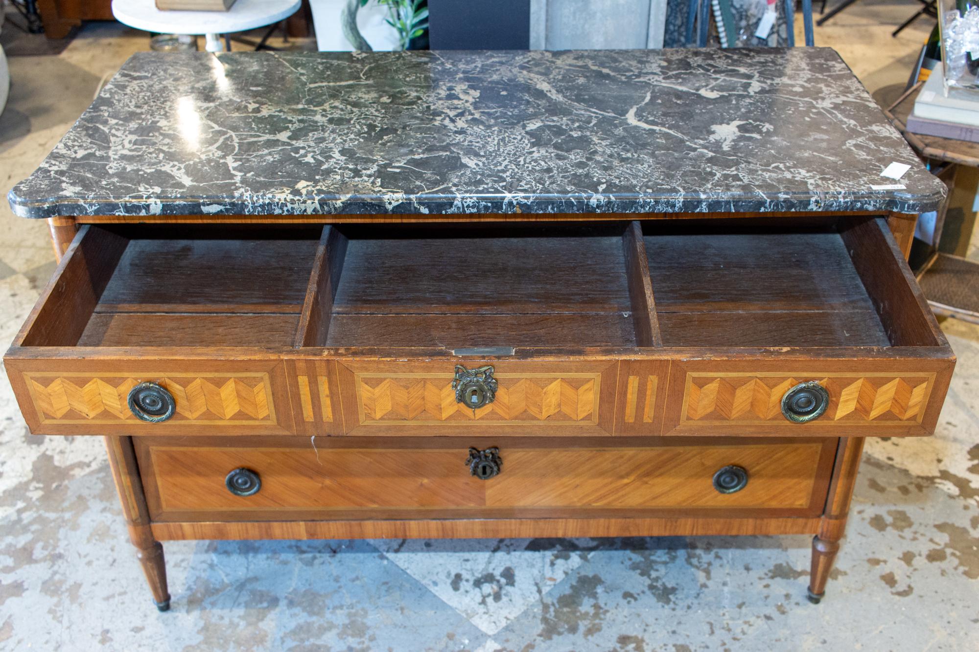 Antique French Louis XVI Commode with Veneer Marquetry and Belgian Marble Top 6