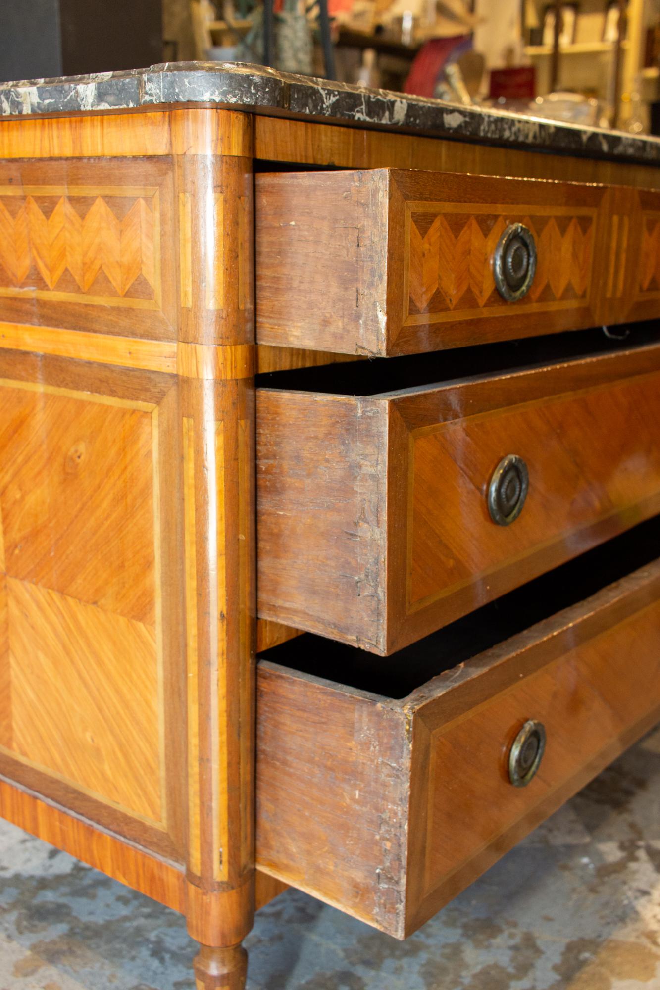 Antique French Louis XVI Commode with Veneer Marquetry and Belgian Marble Top 7