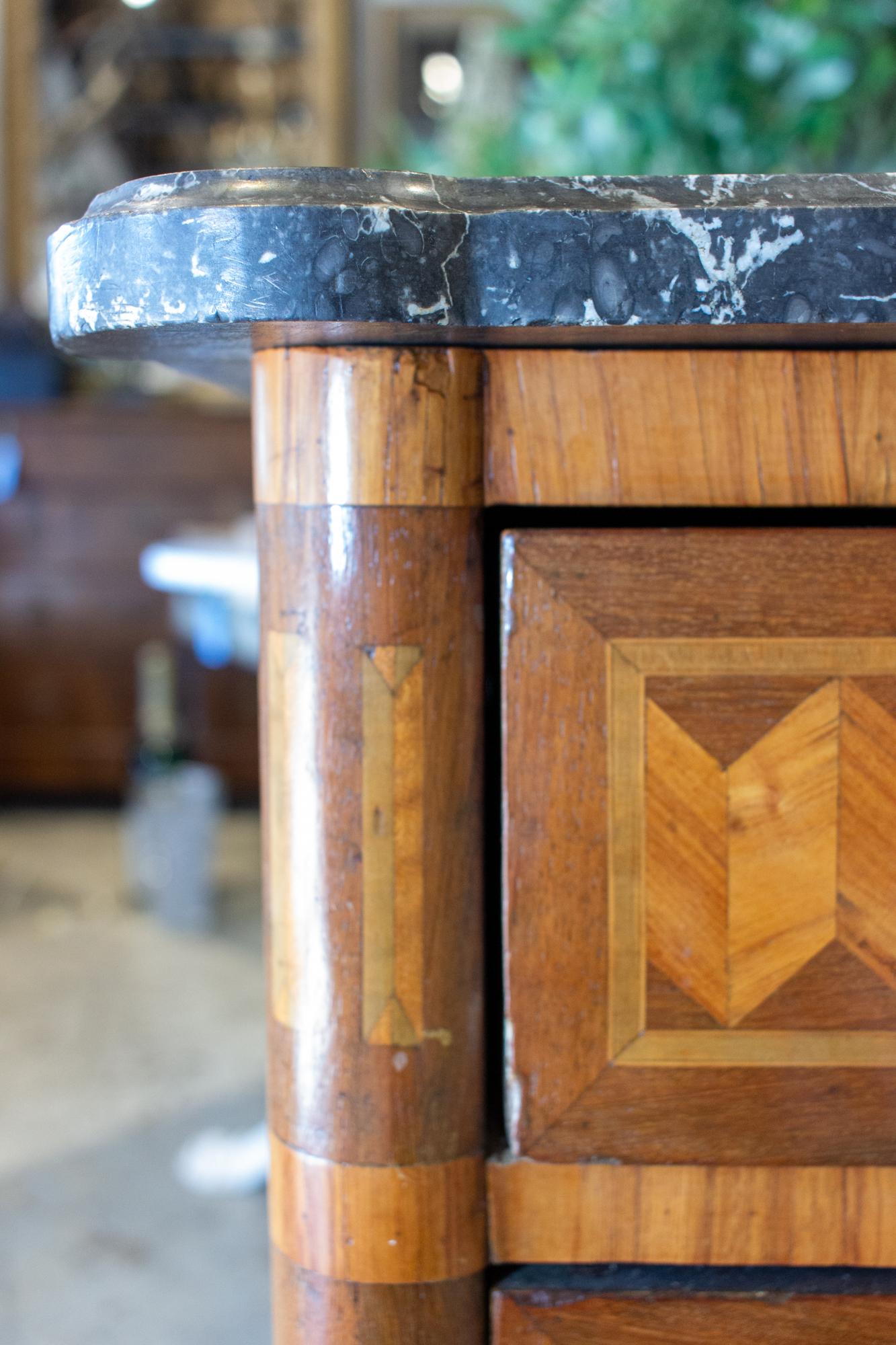 Antique French Louis XVI Commode with Veneer Marquetry and Belgian Marble Top 8