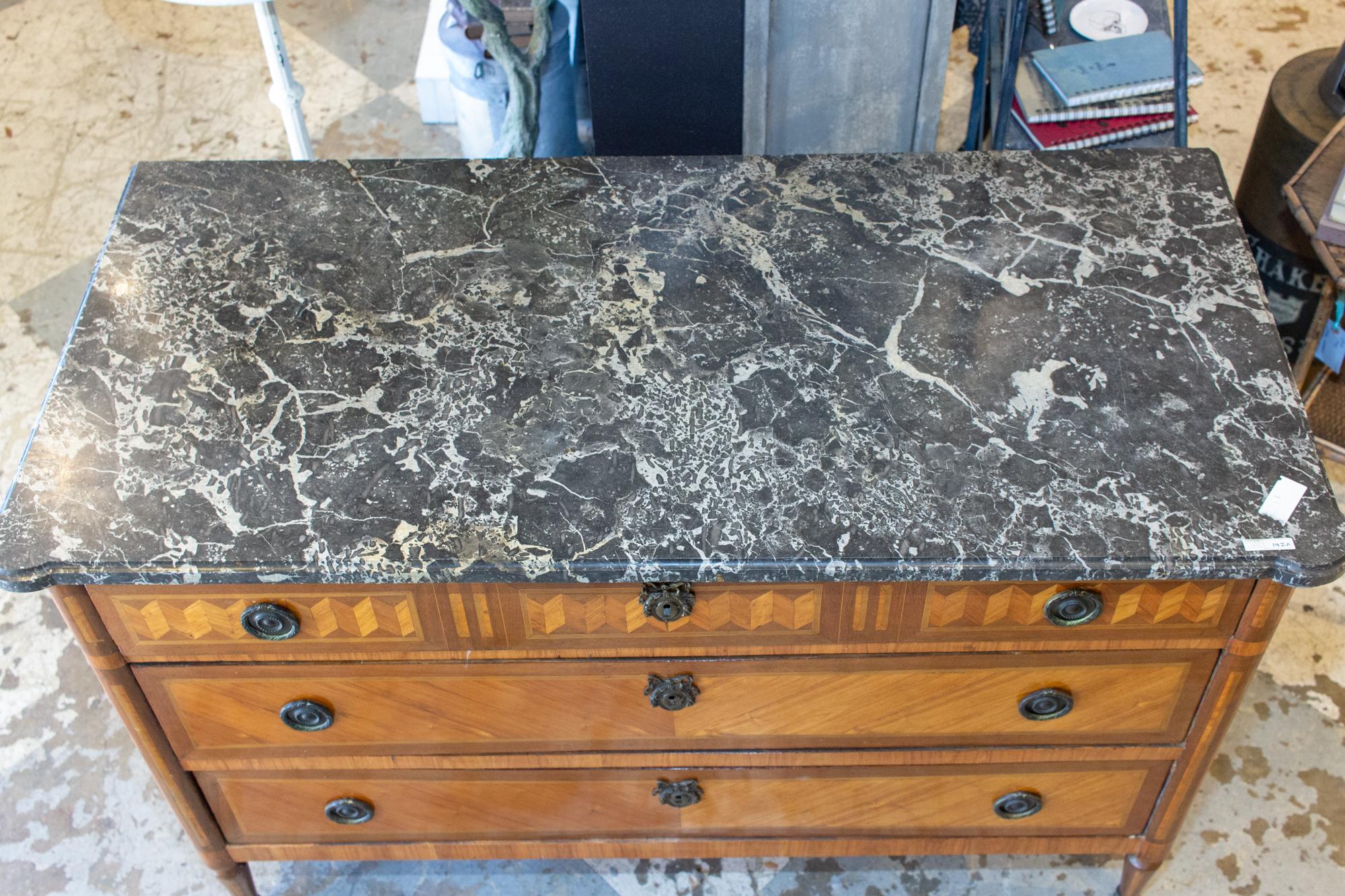 Antique French Louis XVI Commode with Veneer Marquetry and Belgian Marble Top In Good Condition In Houston, TX