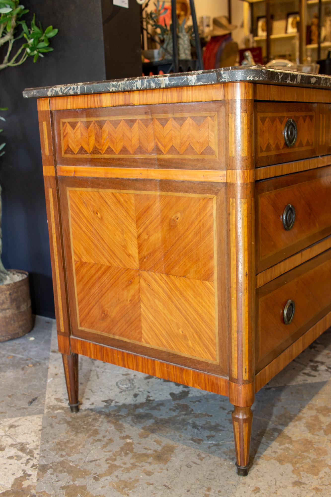 Early 20th Century Antique French Louis XVI Commode with Veneer Marquetry and Belgian Marble Top
