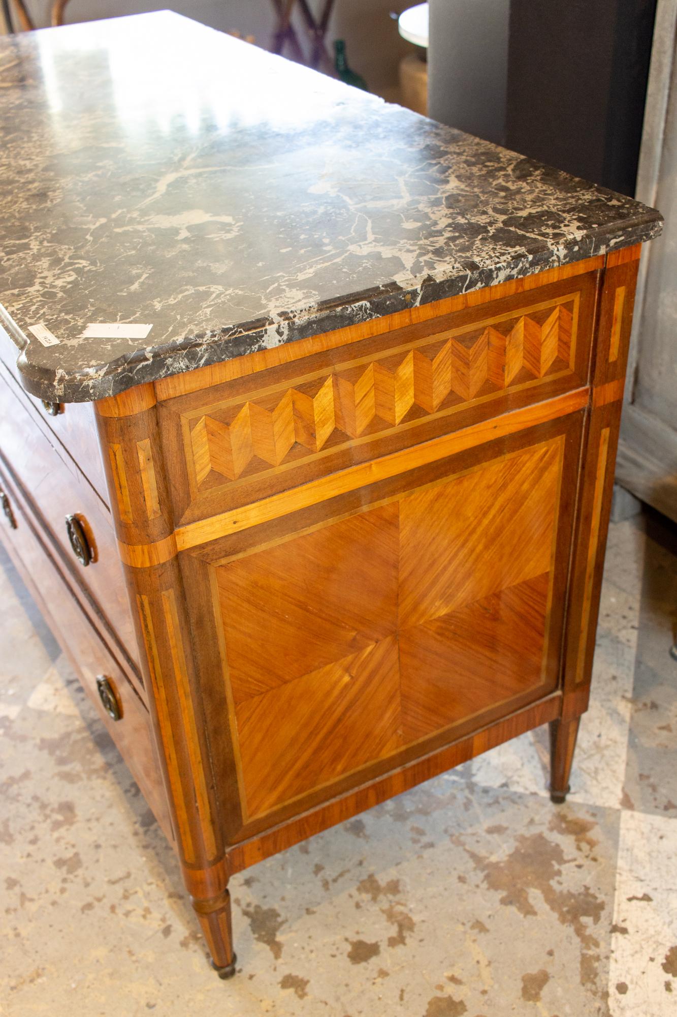 Brass Antique French Louis XVI Commode with Veneer Marquetry and Belgian Marble Top