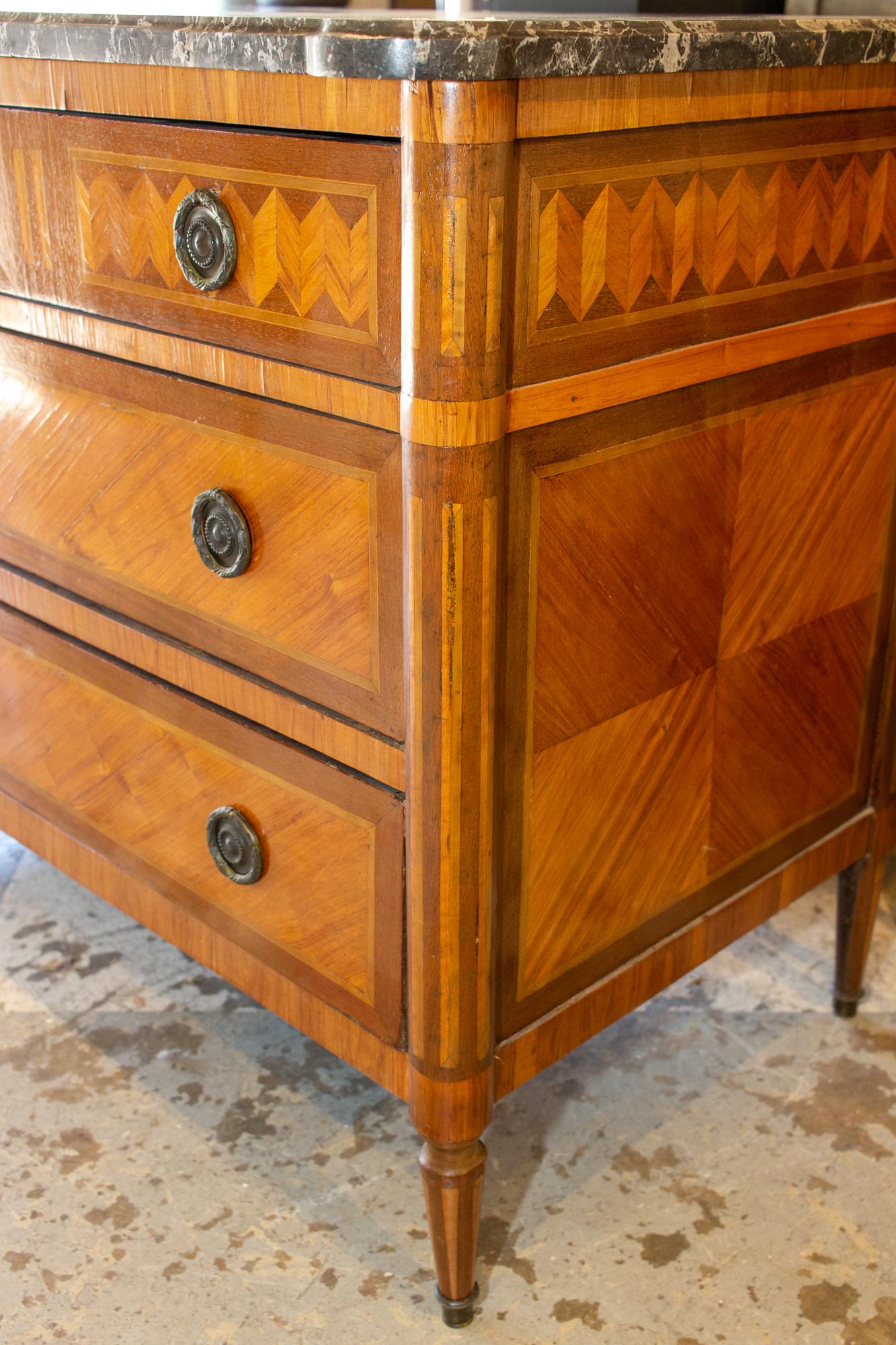 Antique French Louis XVI Commode with Veneer Marquetry and Belgian Marble Top 1