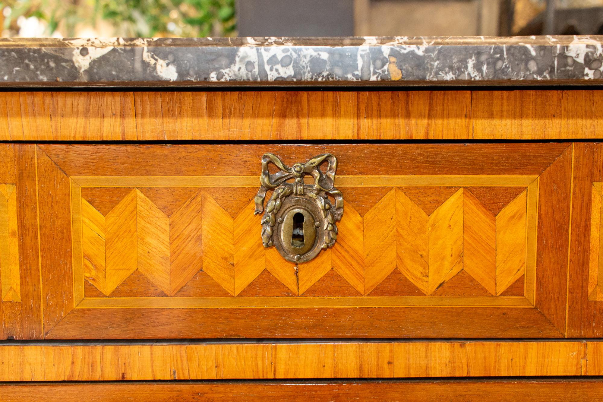 Antique French Louis XVI Commode with Veneer Marquetry and Belgian Marble Top 3