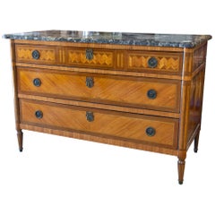 Antique French Louis XVI Commode with Veneer Marquetry and Belgian Marble Top