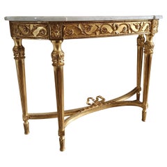 Antique French Louis XVI Style Console, Gilded Wood & Carrara Marble