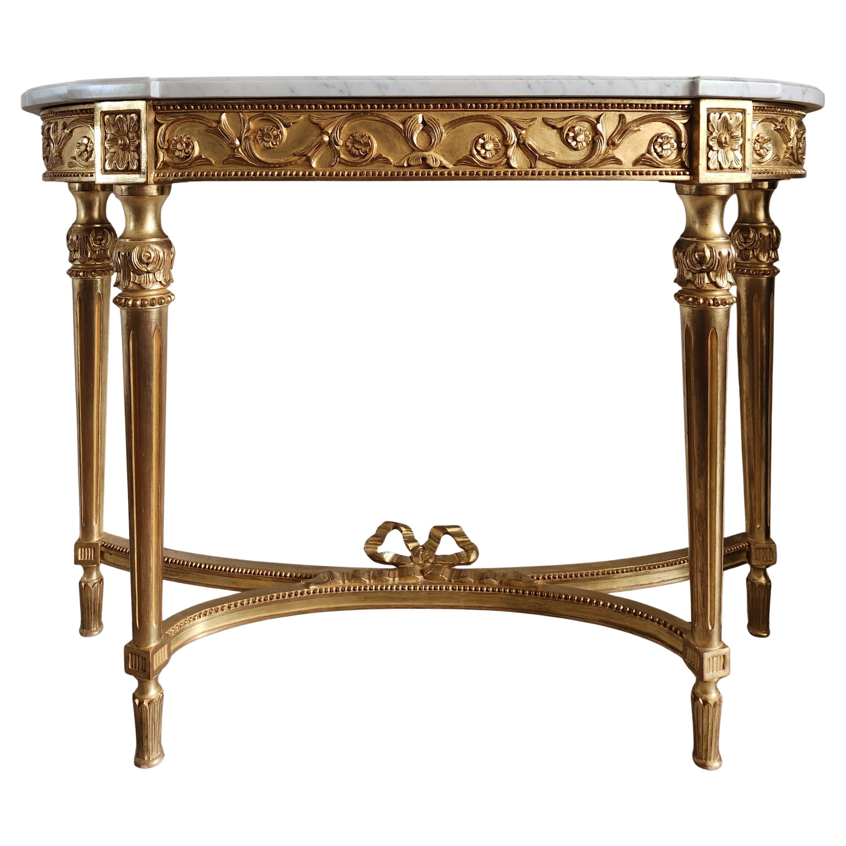 Antique French Console Luigi XVI, legno dorato e marmo di Carrara in vendita