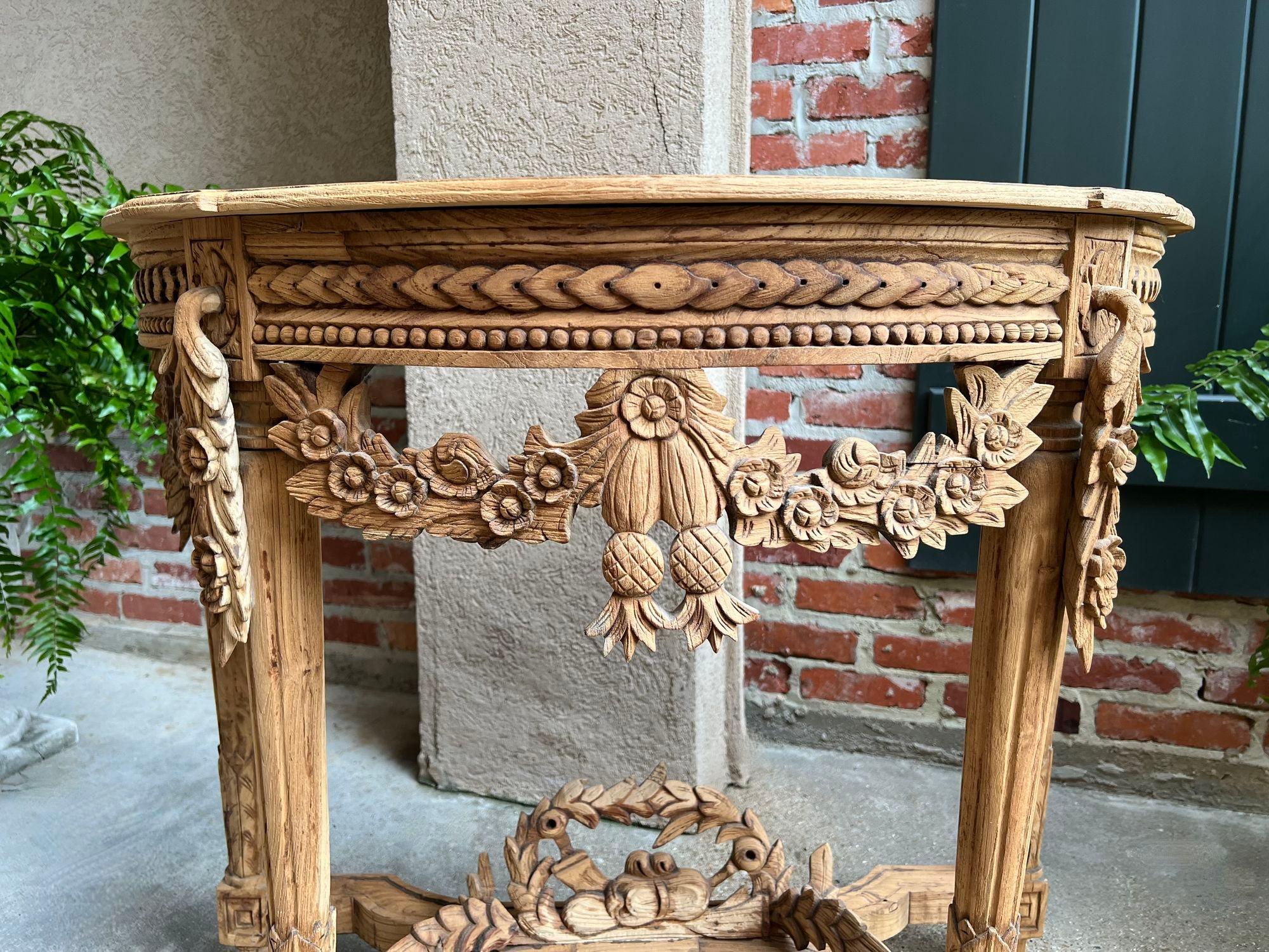 Oak Antique French Louis XVI Console Table Foyer Demilune Carved Bleached Wood c1890 For Sale
