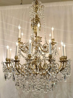 Antique French Louis XVI Crystal and Gold Bronze 18 Light Chandelier, Circa 1890