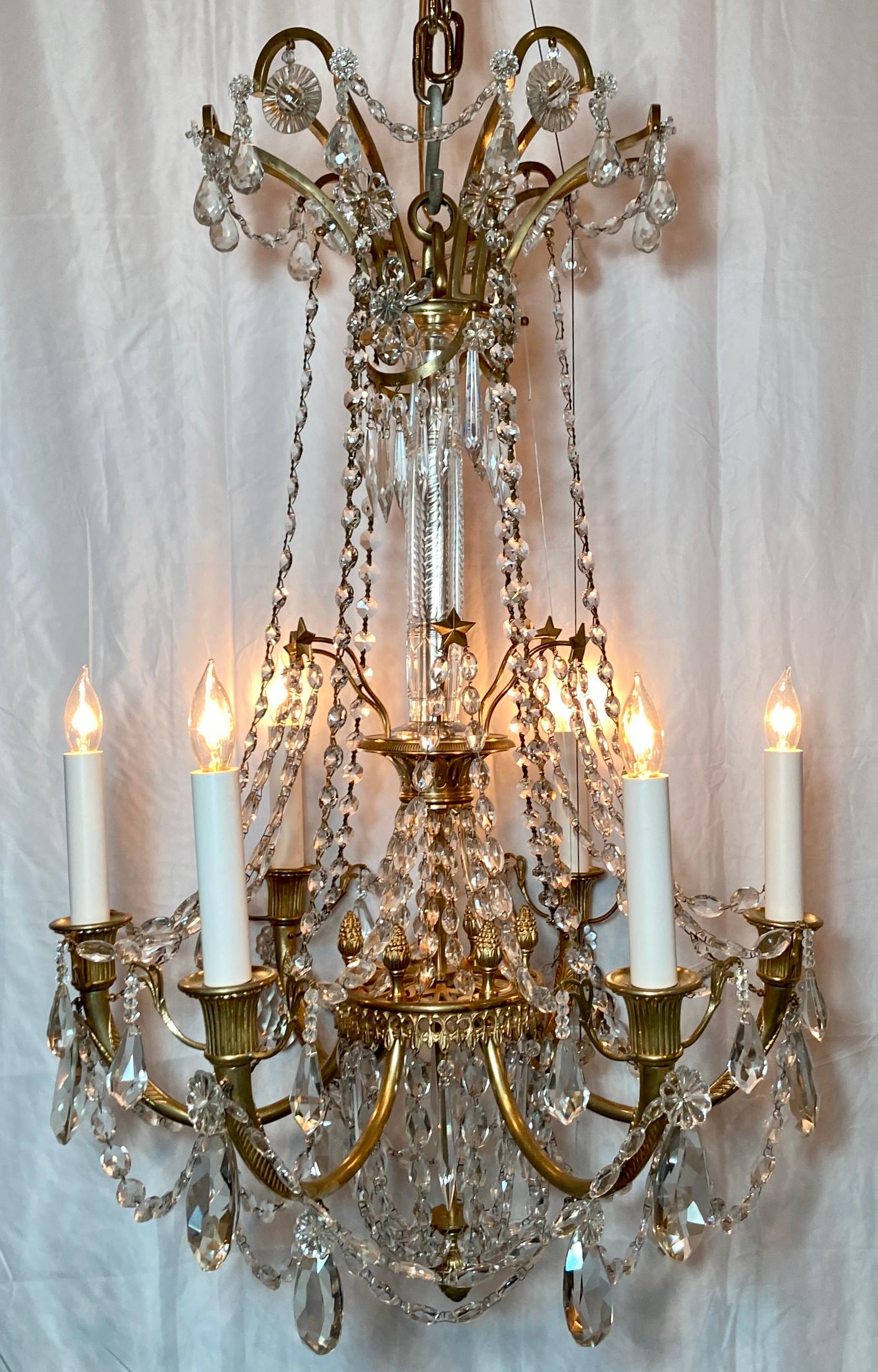 Antique French Louis XVI Crystal and Gold Bronze Chandelier, Circa 1890.
 