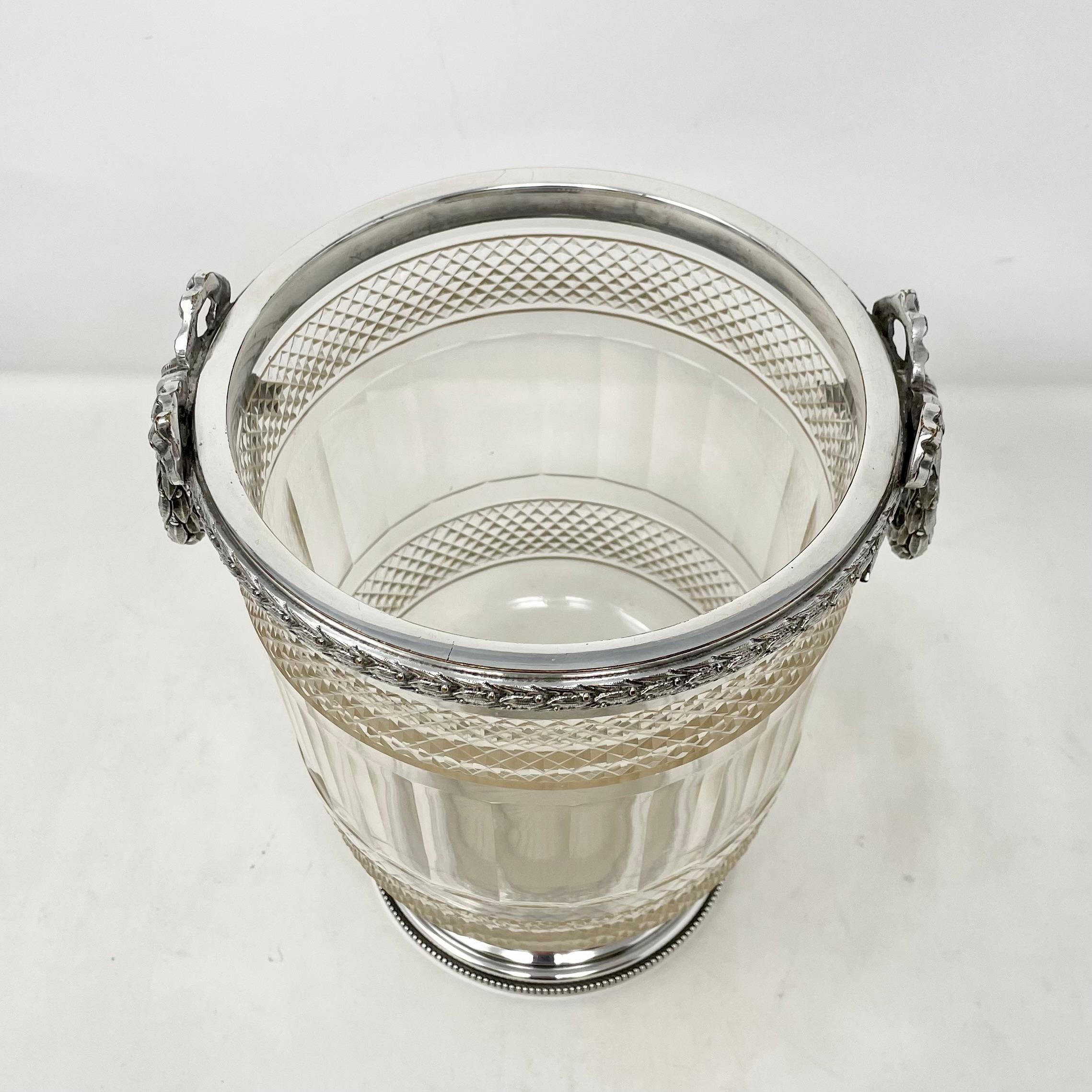 Antique French Louis XVI neo-classical cut crystal & silvered bronze champagne bucket, circa 1890's.
A beautiful old wine cooler in pristine condition and substantial size.