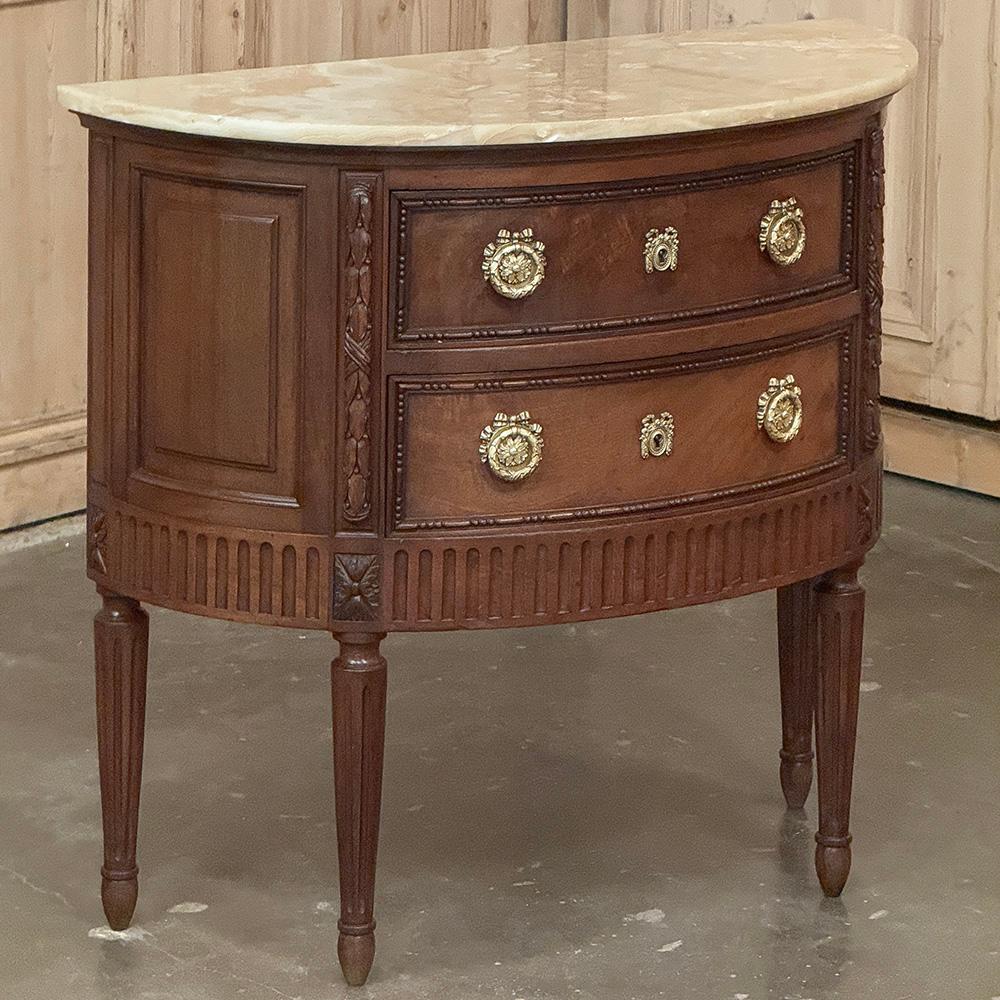 Hand-Carved Antique French Louis XVI Demilune Commode with Onyx Top For Sale