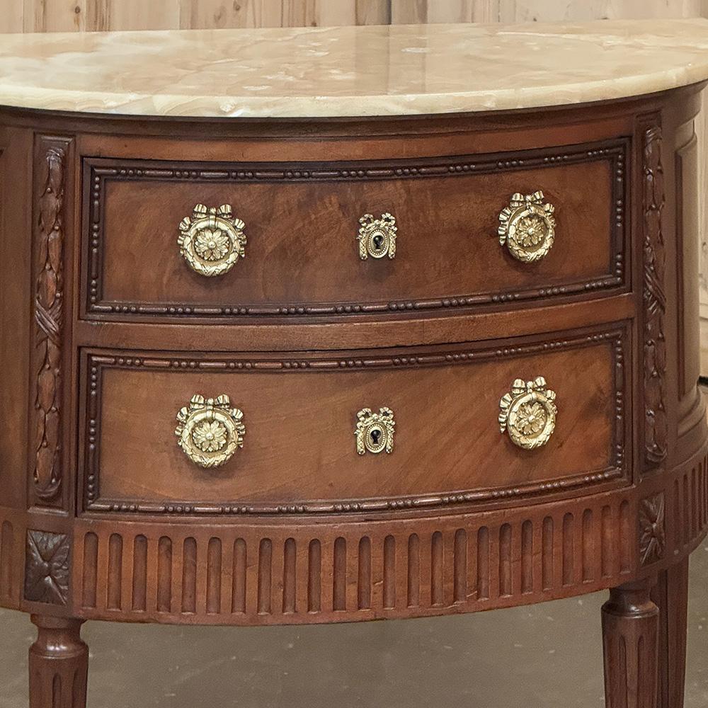 Brass Antique French Louis XVI Demilune Commode with Onyx Top For Sale