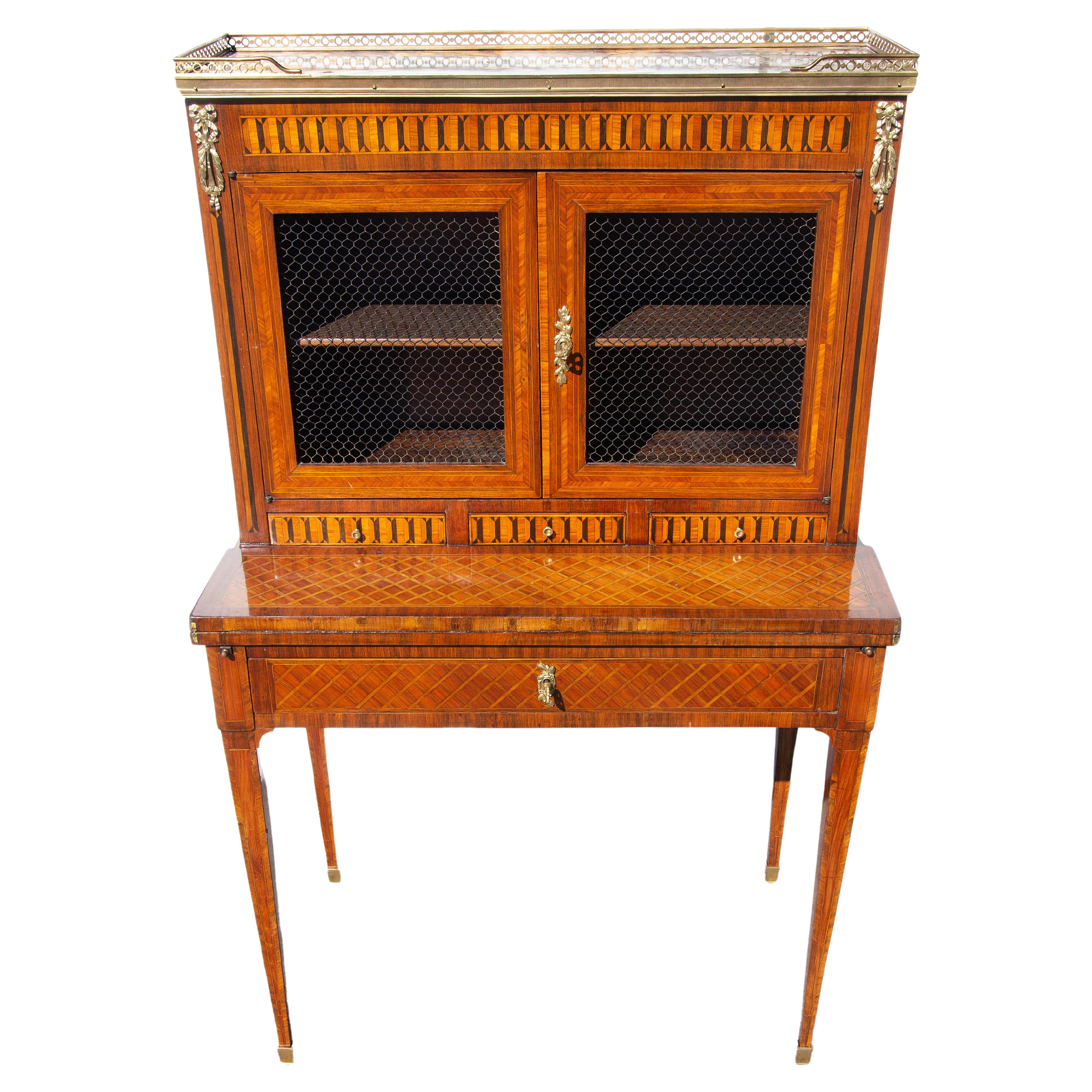Gilt Antique French Louis XVI Desk Cabinet Fine Kingwood Parquetry  For Sale