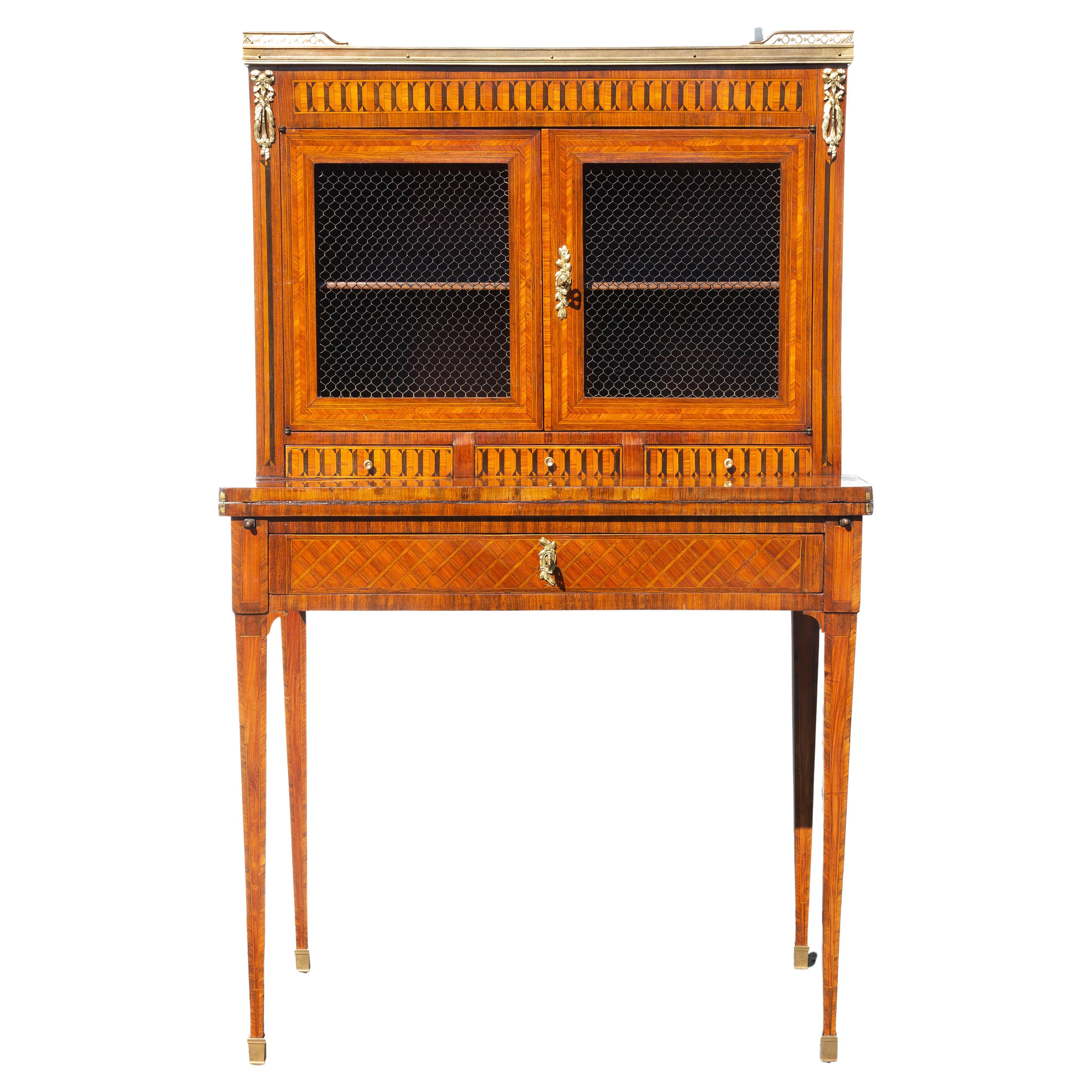 Antique French Louis XVI Desk Cabinet Fine Kingwood Parquetry Francés en venta