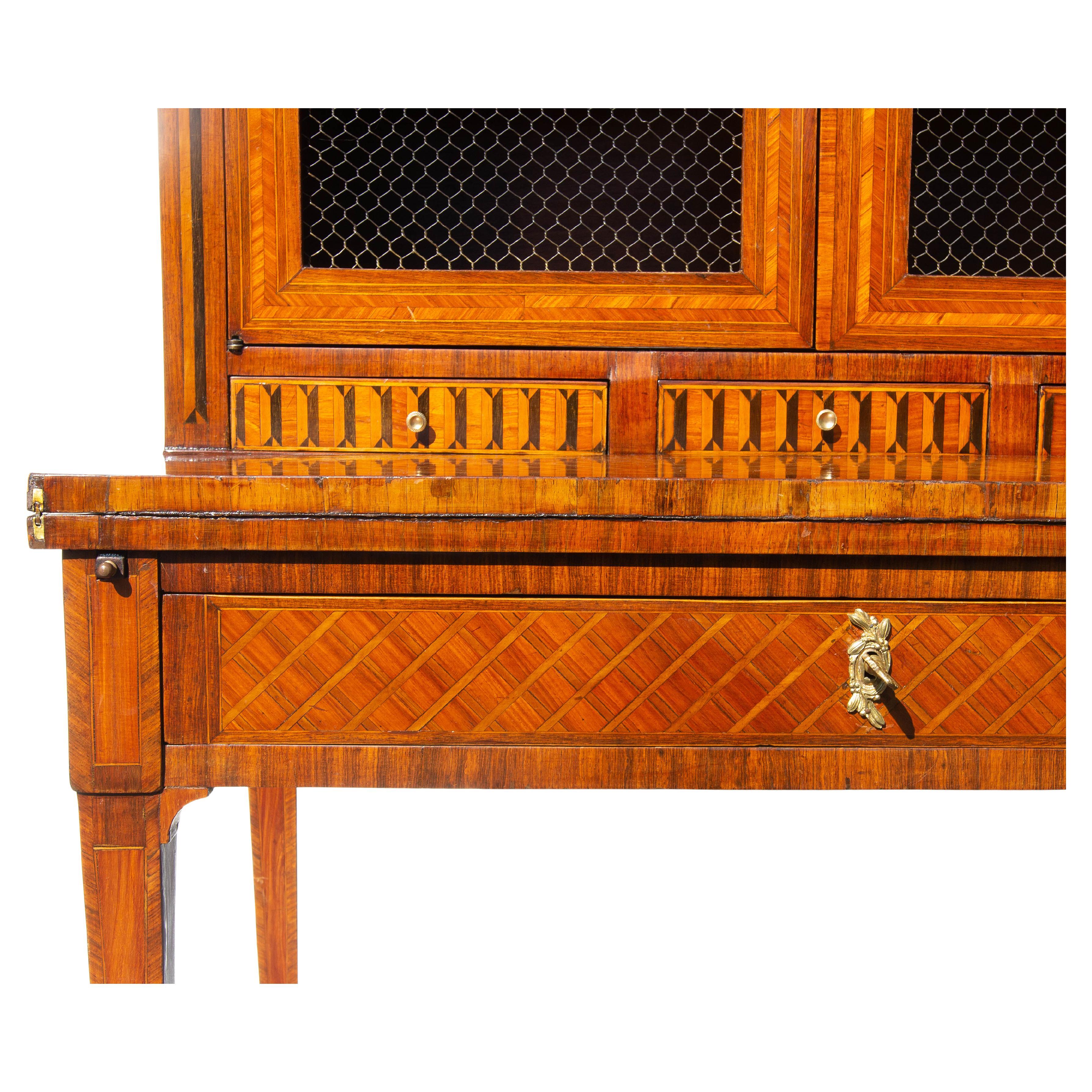 Antique French Louis XVI Desk Cabinet Fine Kingwood Parquetry Hecho a mano en venta