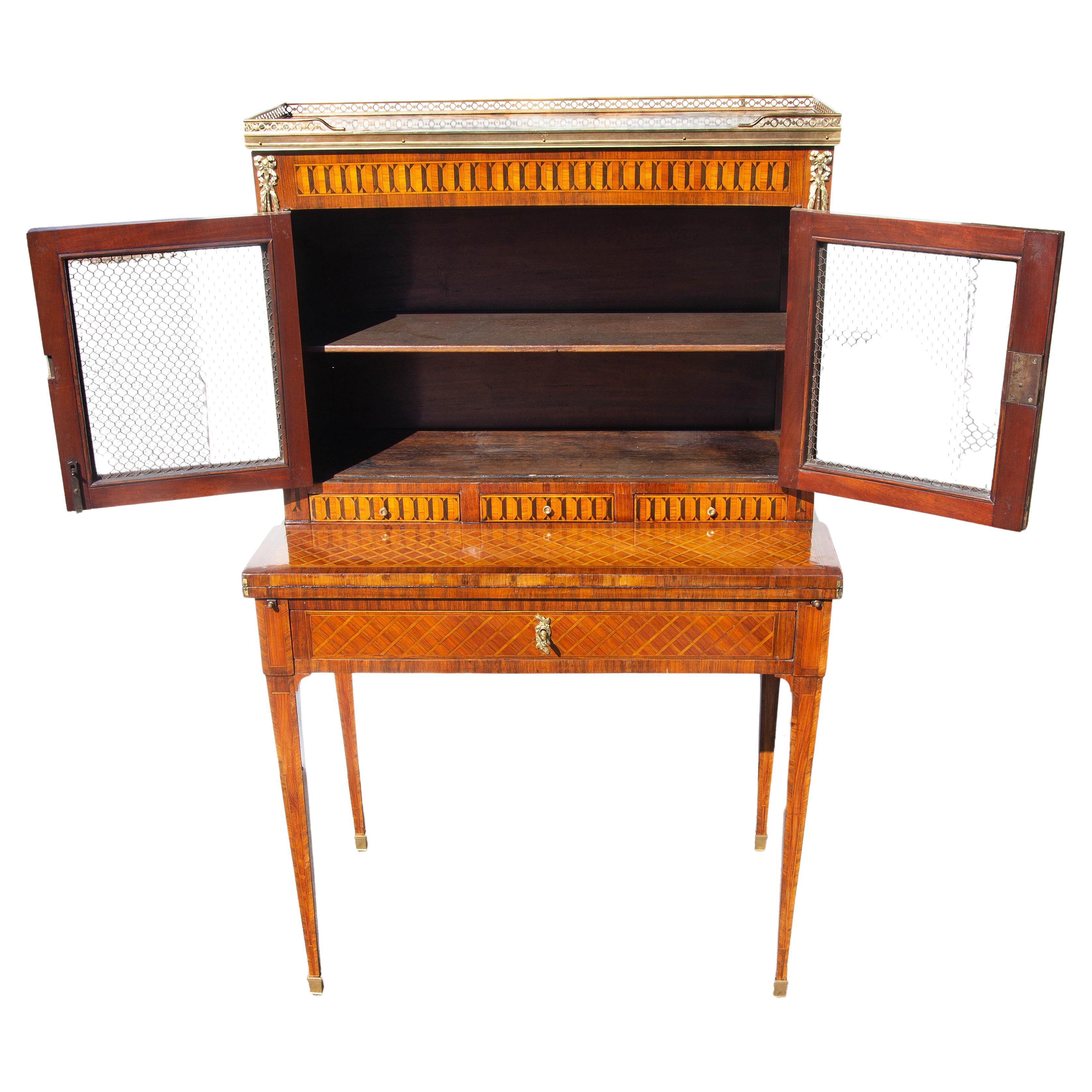 Antique French Louis XVI Desk Cabinet Fine Kingwood Parquetry Latón en venta
