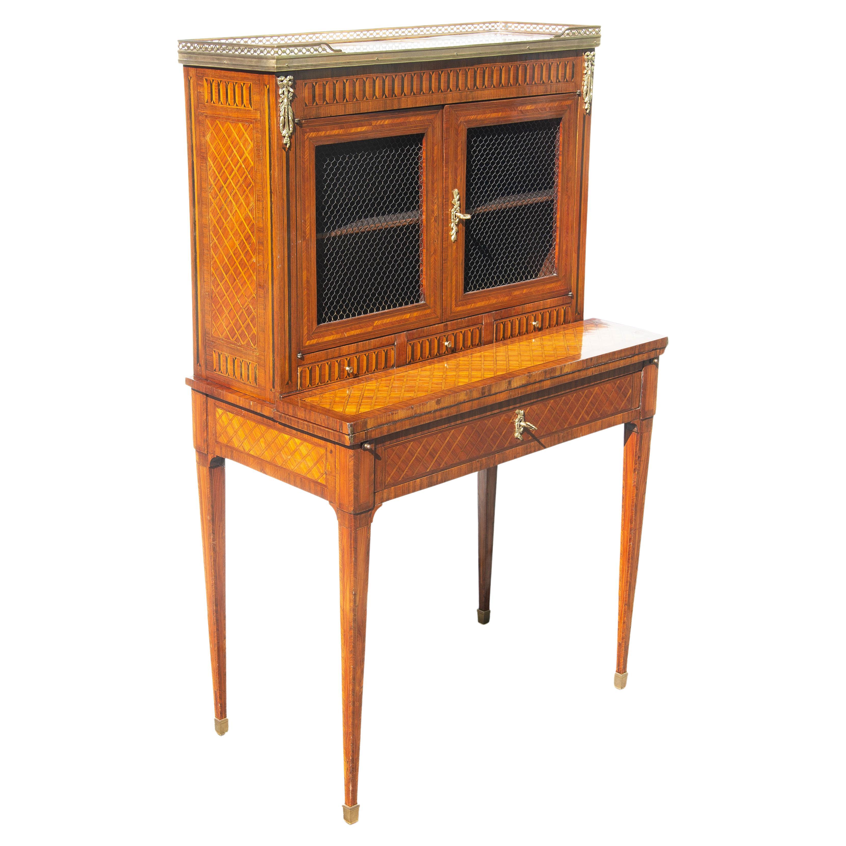 Antique French Louis XVI Desk Cabinet Fine Kingwood Parquetry 