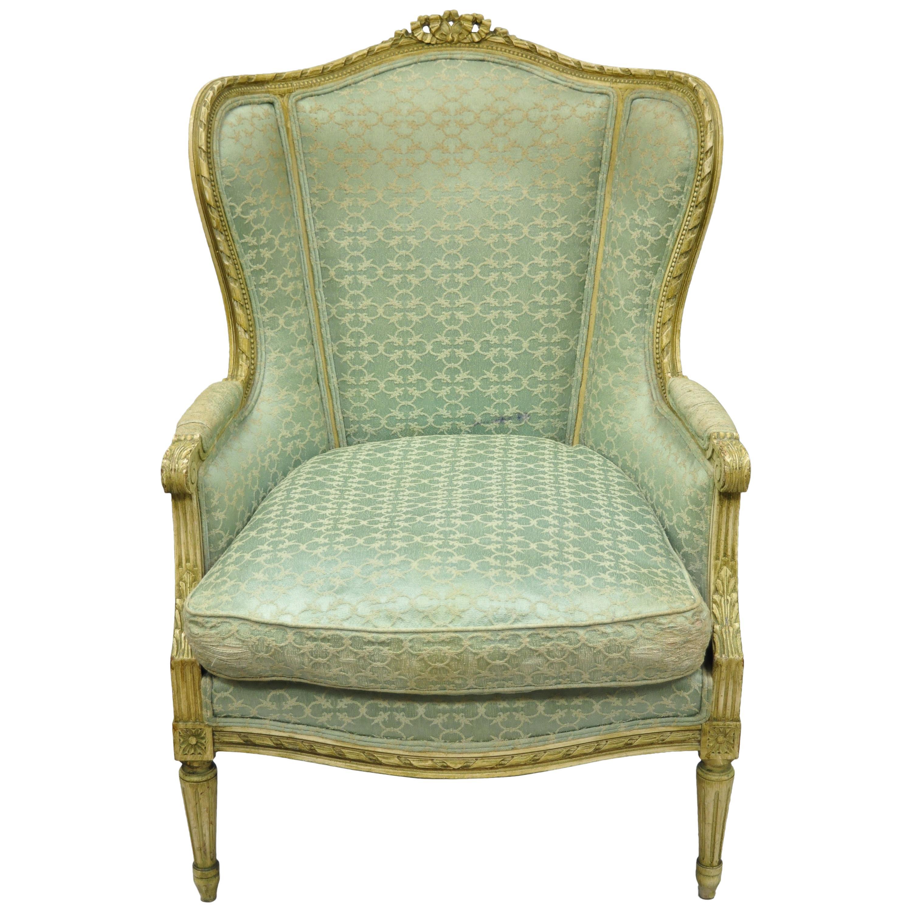 Antique French Louis XVI Distress Painted Cream Bergère Chair Armchair 3