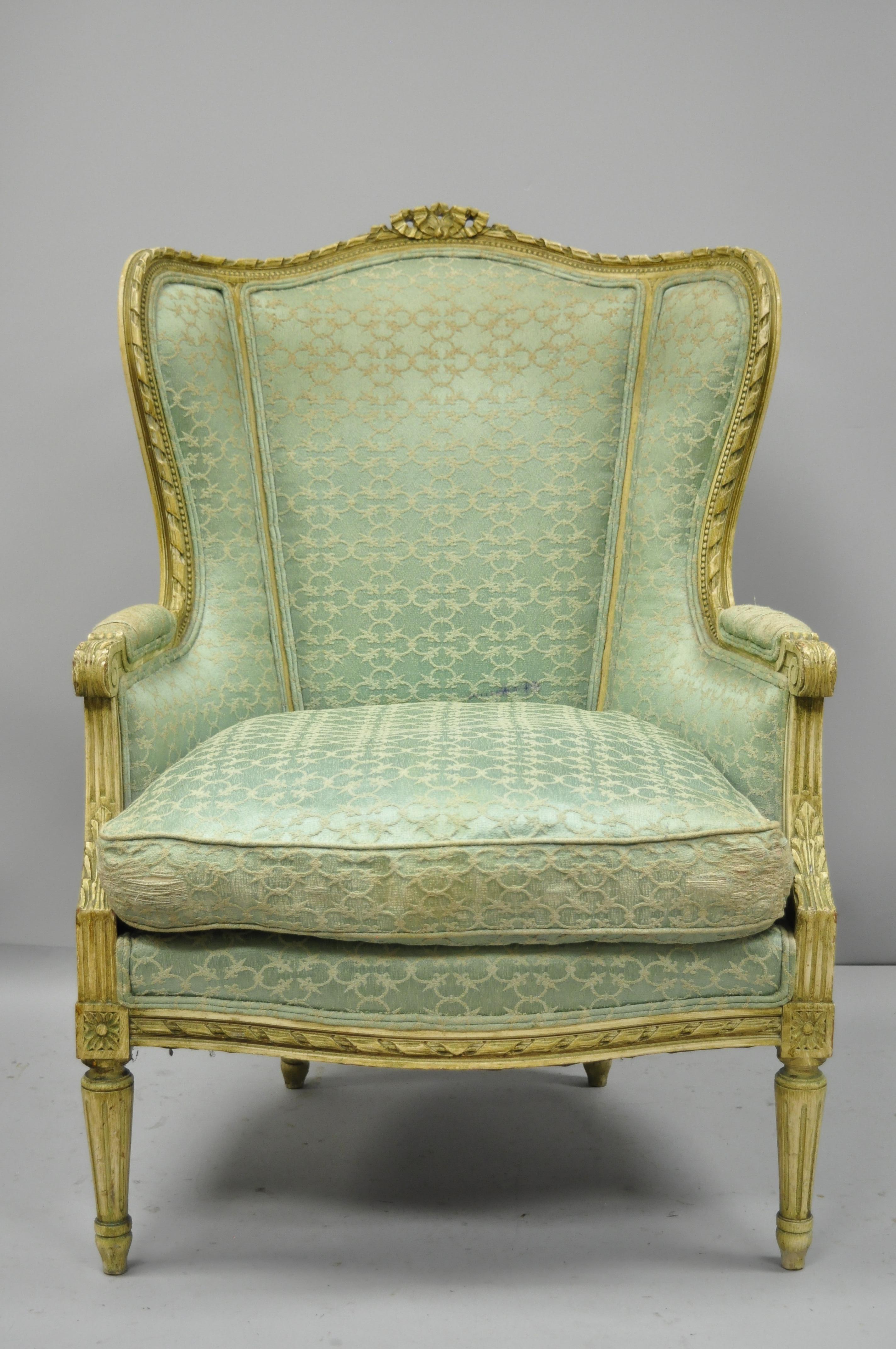 Antique French Louis XVI Distress Painted Cream Bergère Chair Armchair 4