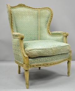 Antique French Louis XVI Distress Painted Cream Bergère Chair Armchair