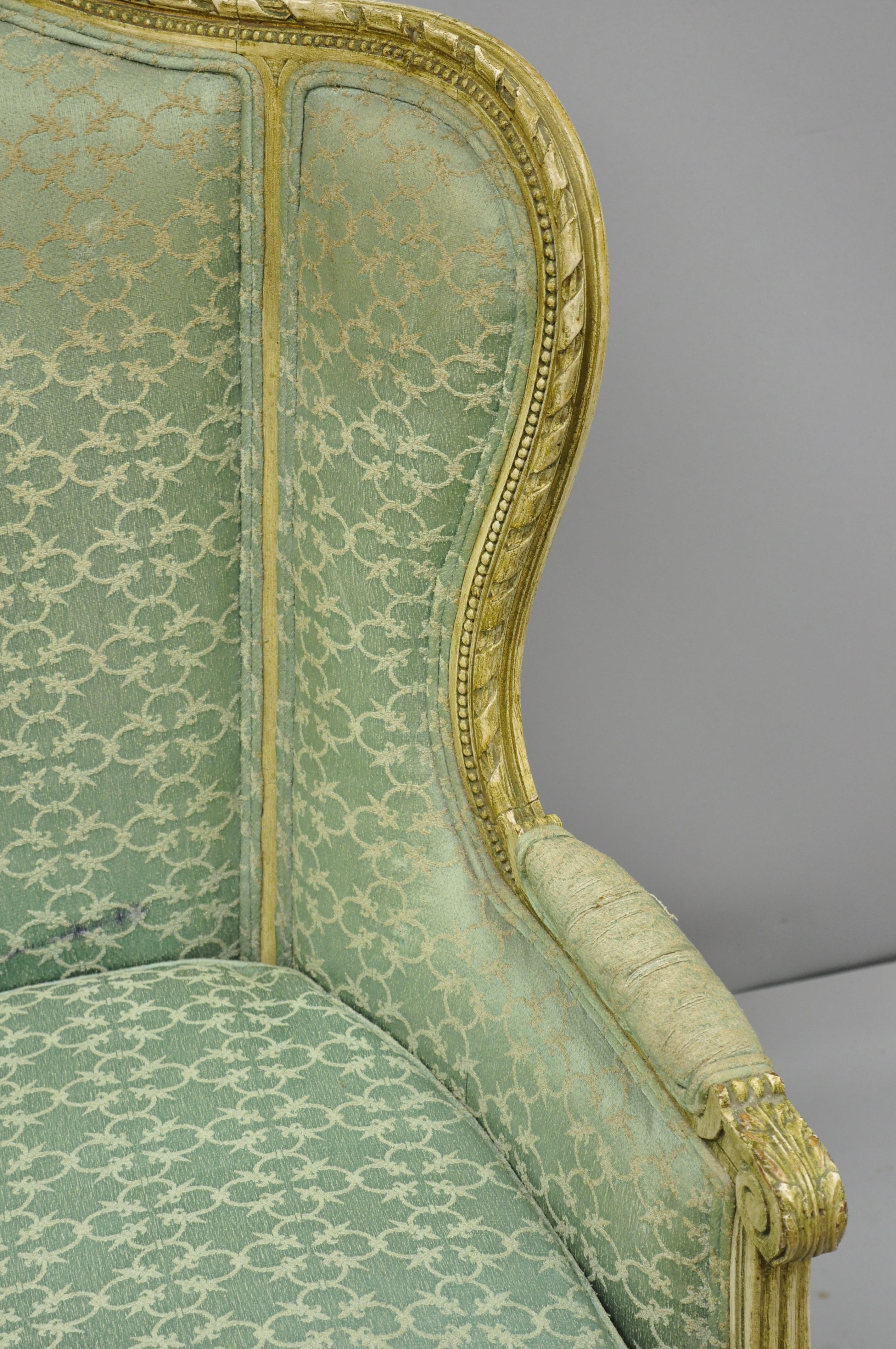 Antique French Louis XVI Distress Painted Cream Bergère Chair Armchair In Good Condition In Philadelphia, PA