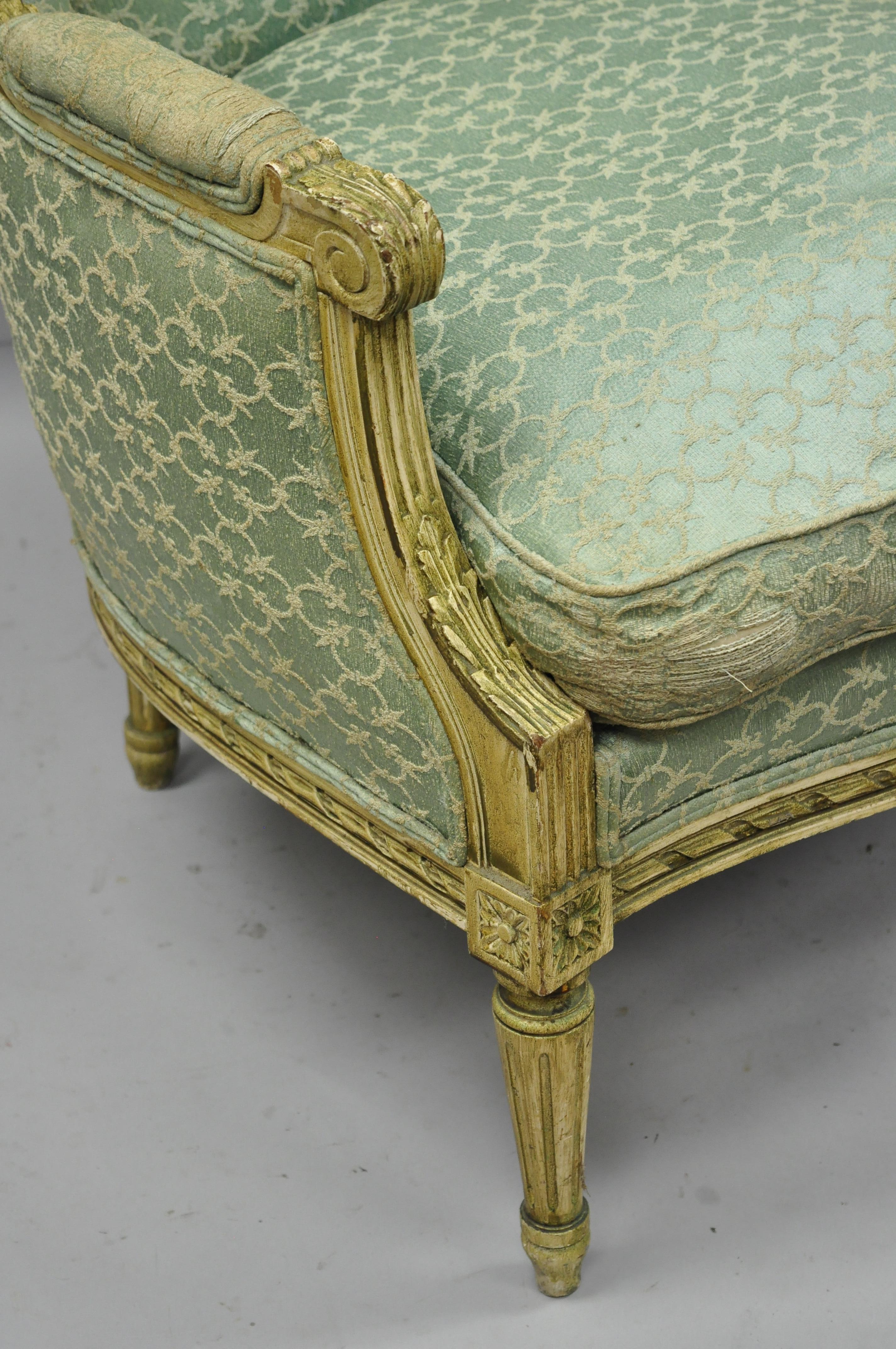 20th Century Antique French Louis XVI Distress Painted Cream Bergère Chair Armchair