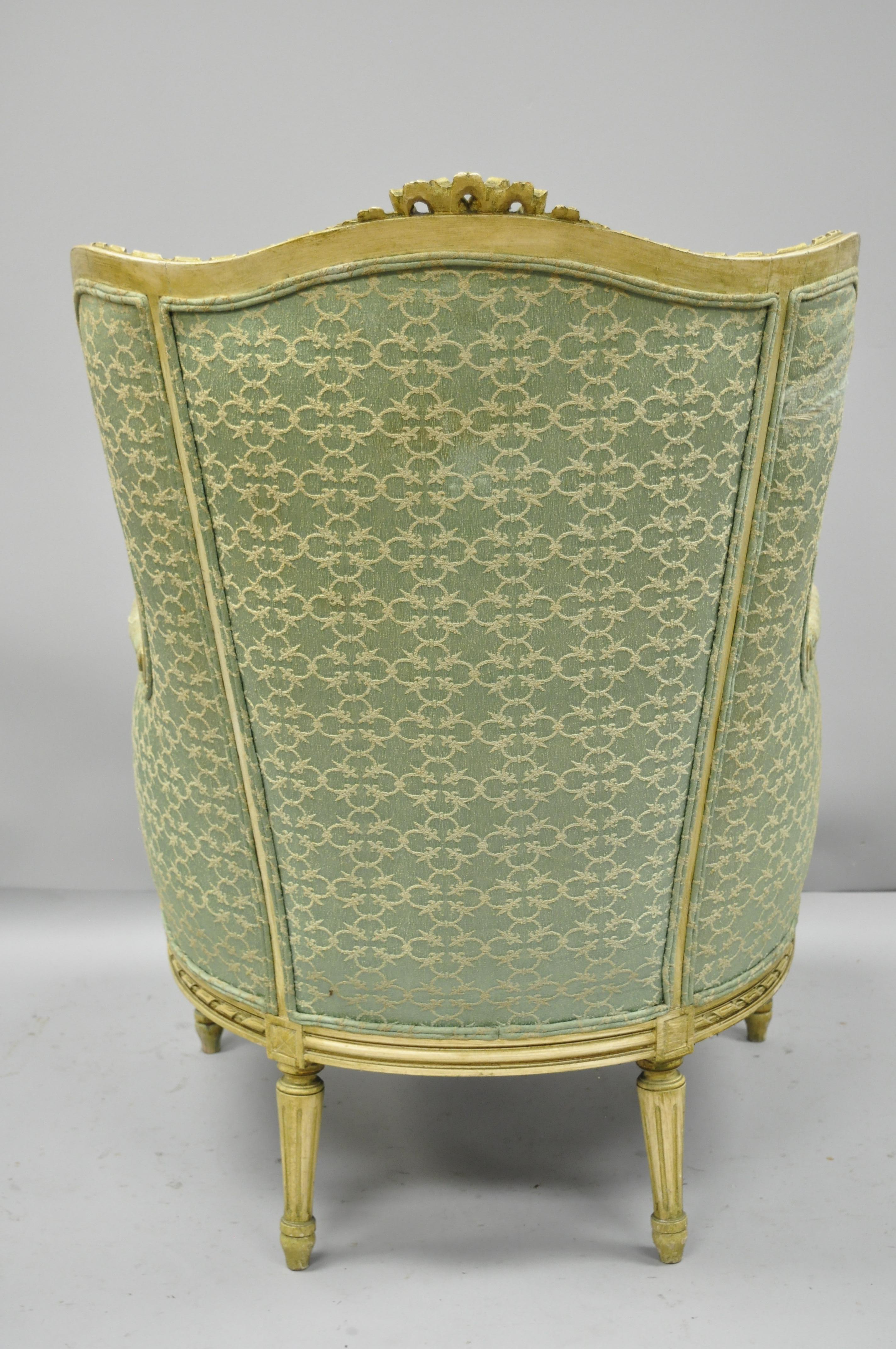 Wood Antique French Louis XVI Distress Painted Cream Bergère Chair Armchair
