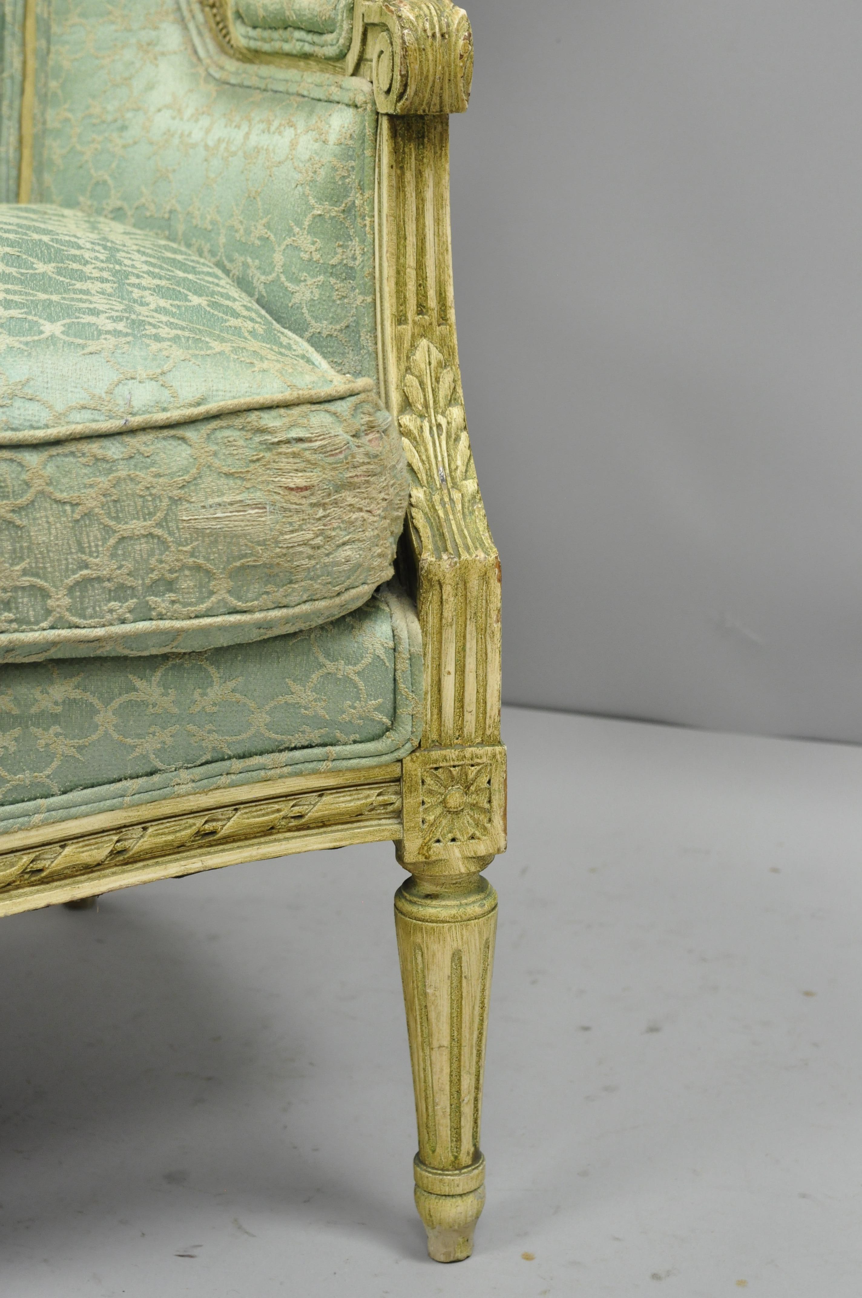 Antique French Louis XVI Distress Painted Cream Bergère Chair Armchair 1