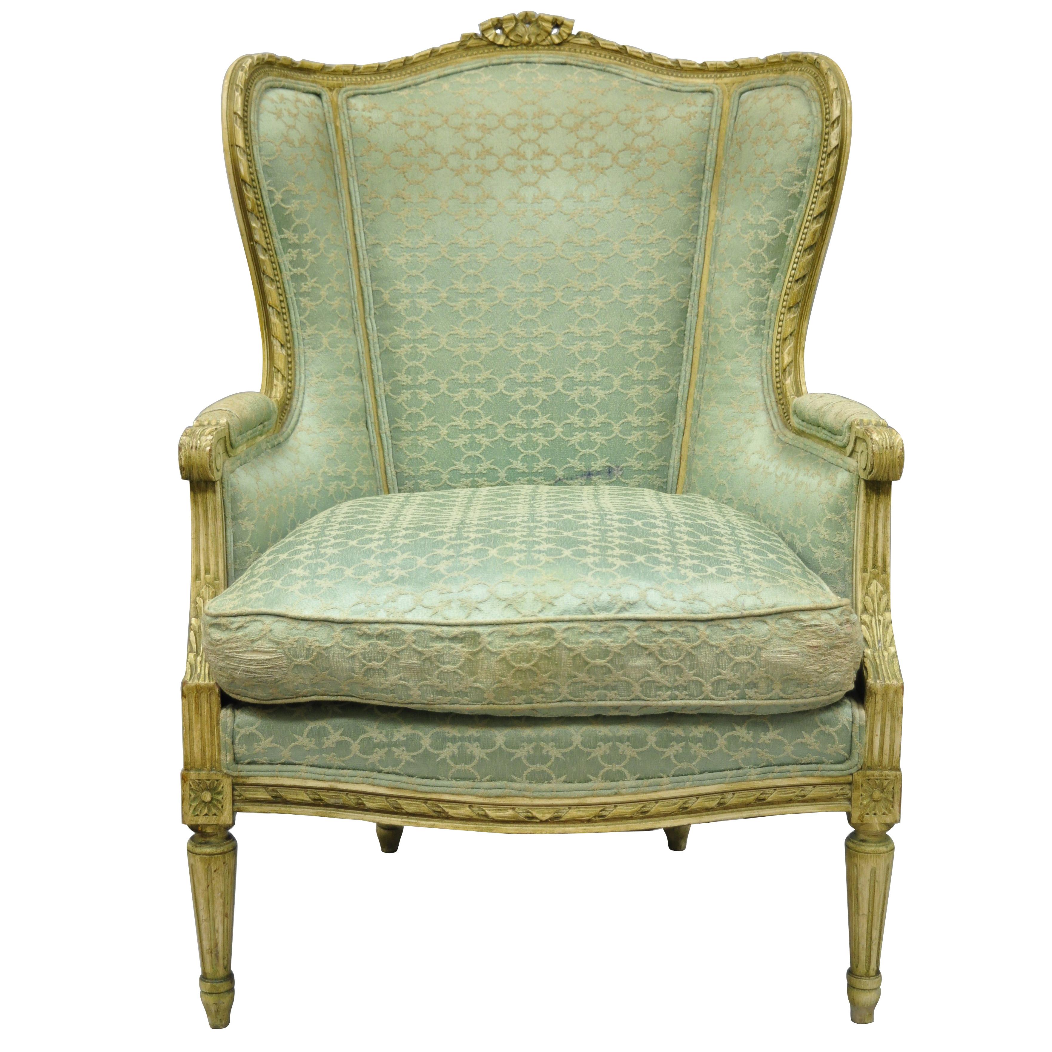 Antique French Louis XVI Distress Painted Cream Bergère Chair Armchair
