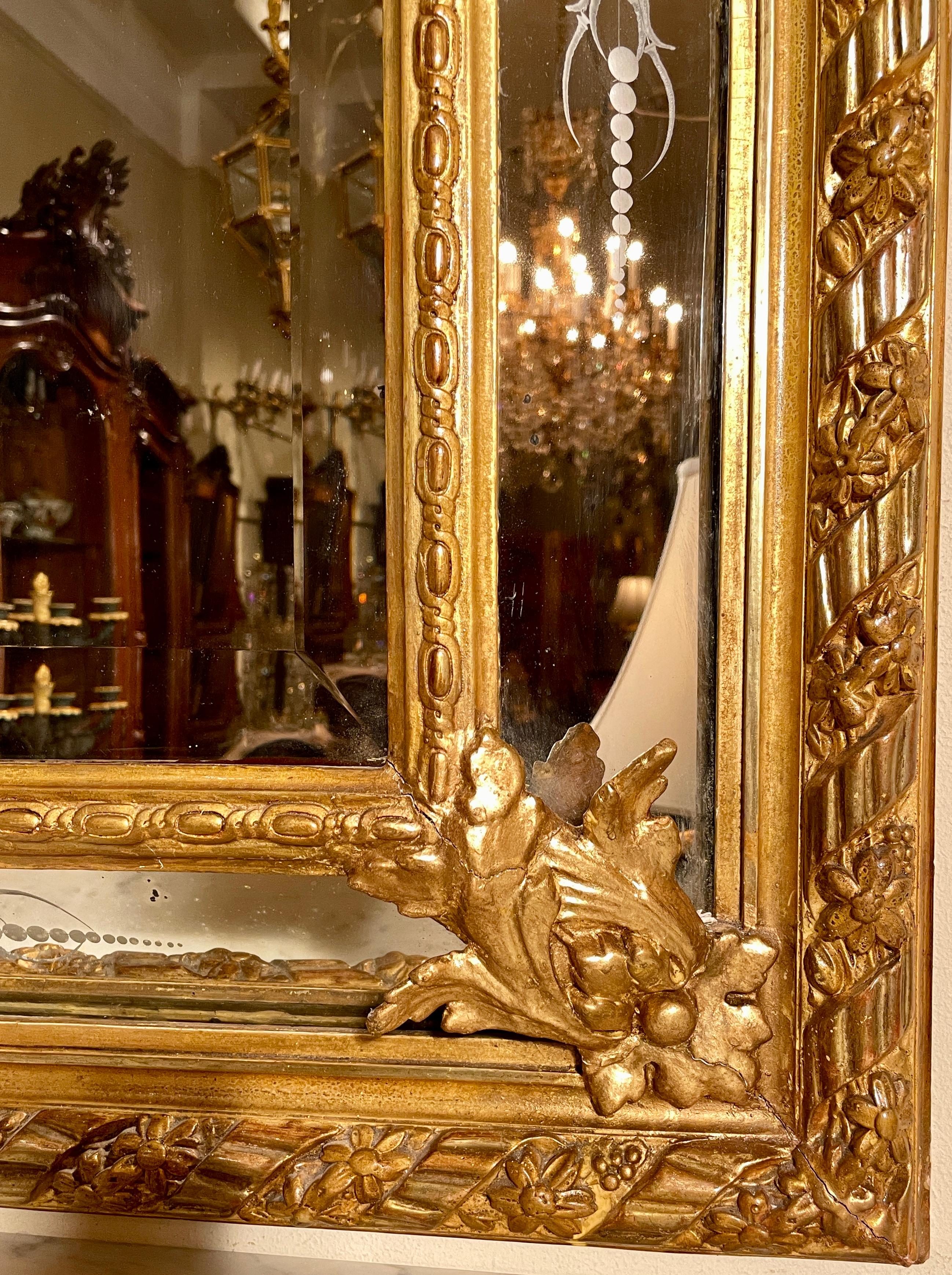 19th Century Antique French Louis XVI Etched and Beveled Gold Leaf Mirror, Circa 1885-1895 For Sale