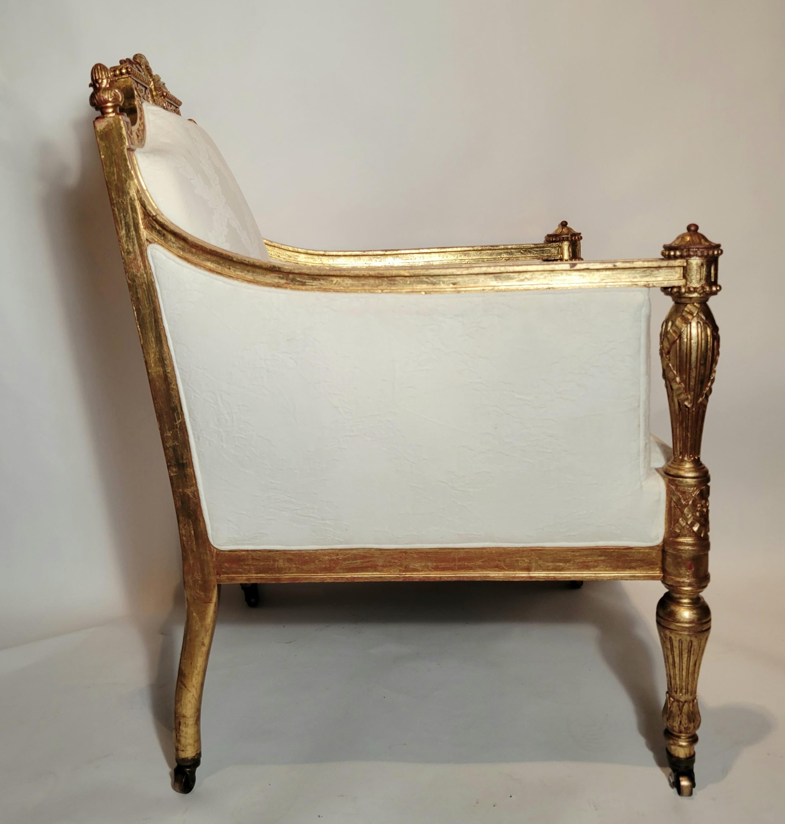European Antique French Louis XVI Finely Carved Gold Leaf Arm Chair circa 1880-1890 For Sale
