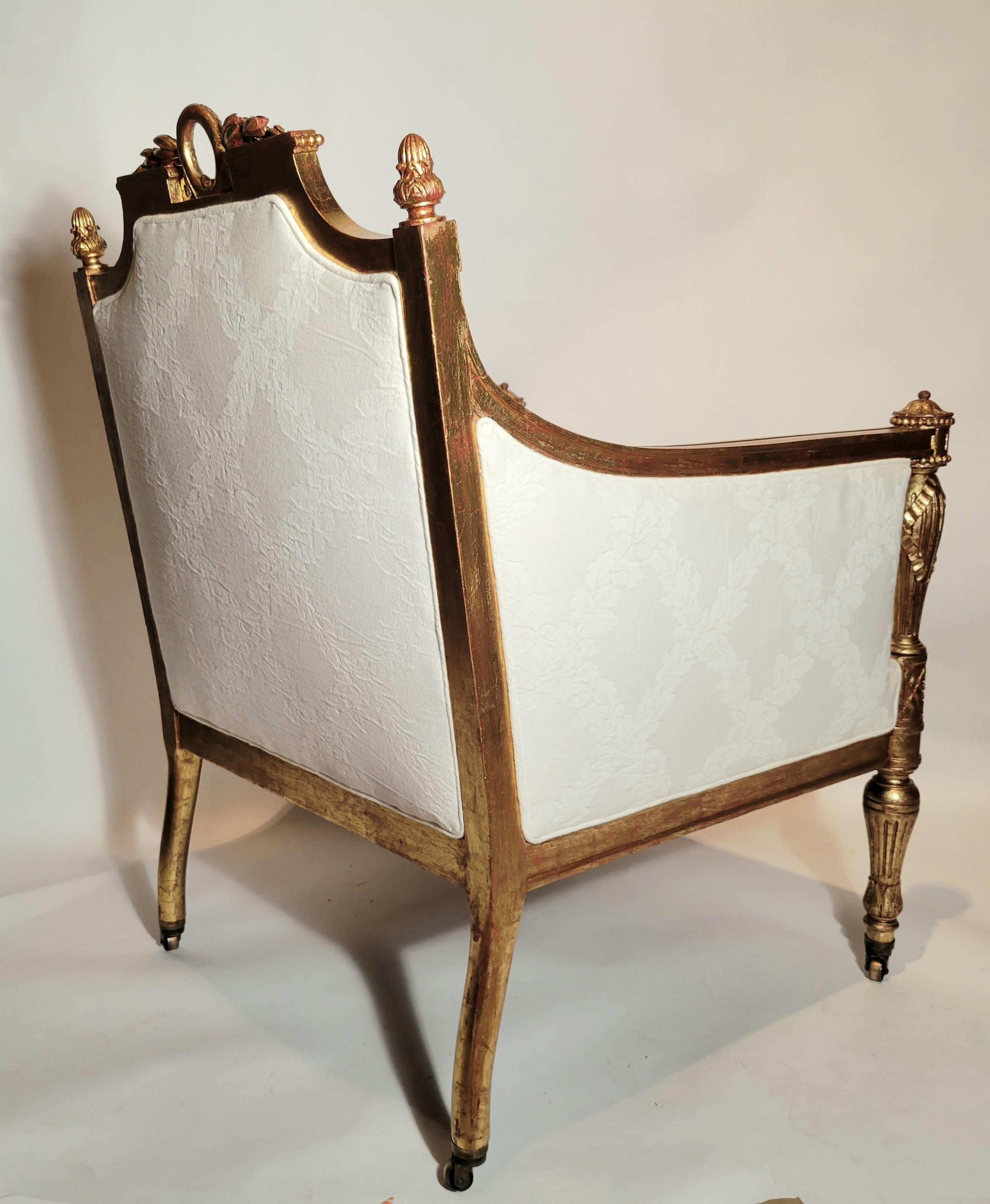 Antique French Louis XVI Finely Carved Gold Leaf Arm Chair circa 1880-1890 In Good Condition For Sale In New Orleans, LA