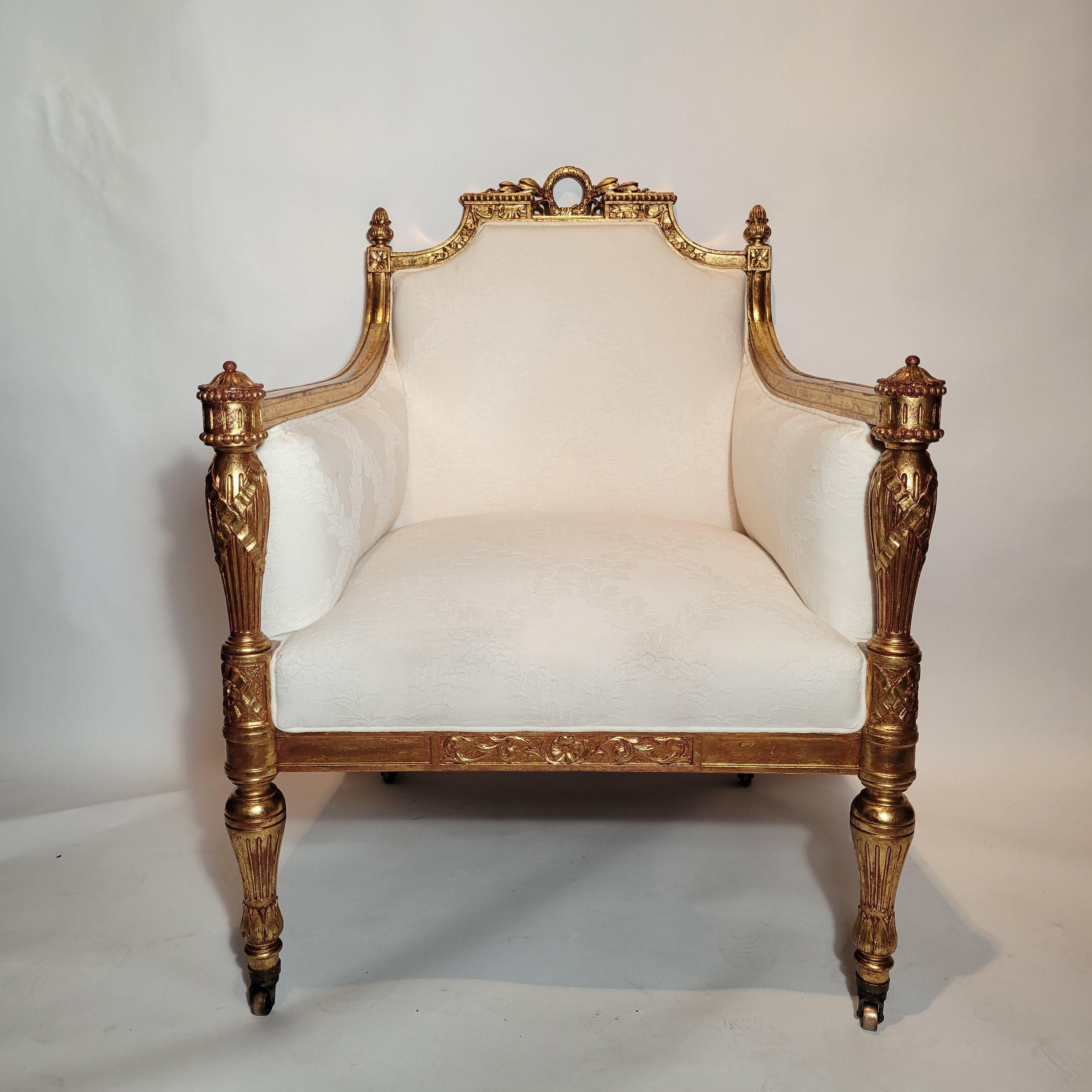 Antique French Louis XVI Finely Carved Gold Leaf Arm Chair circa 1880-1890 For Sale 4