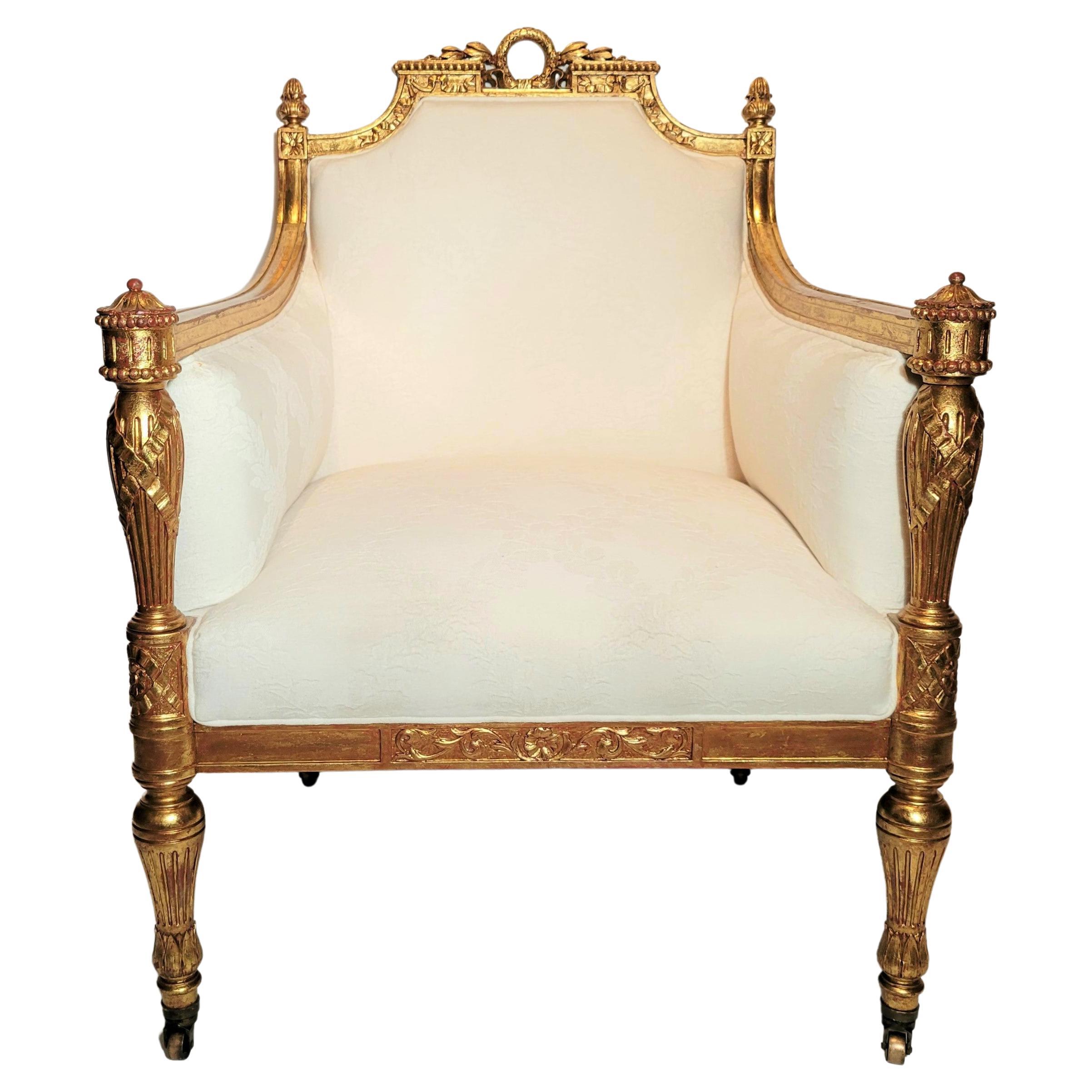 Antique French Louis XVI Finely Carved Gold Leaf Arm Chair circa 1880-1890