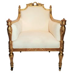 Fauteuil français ancien Louis XVI finement sculpté en feuilles d'or, vers 1880-1890