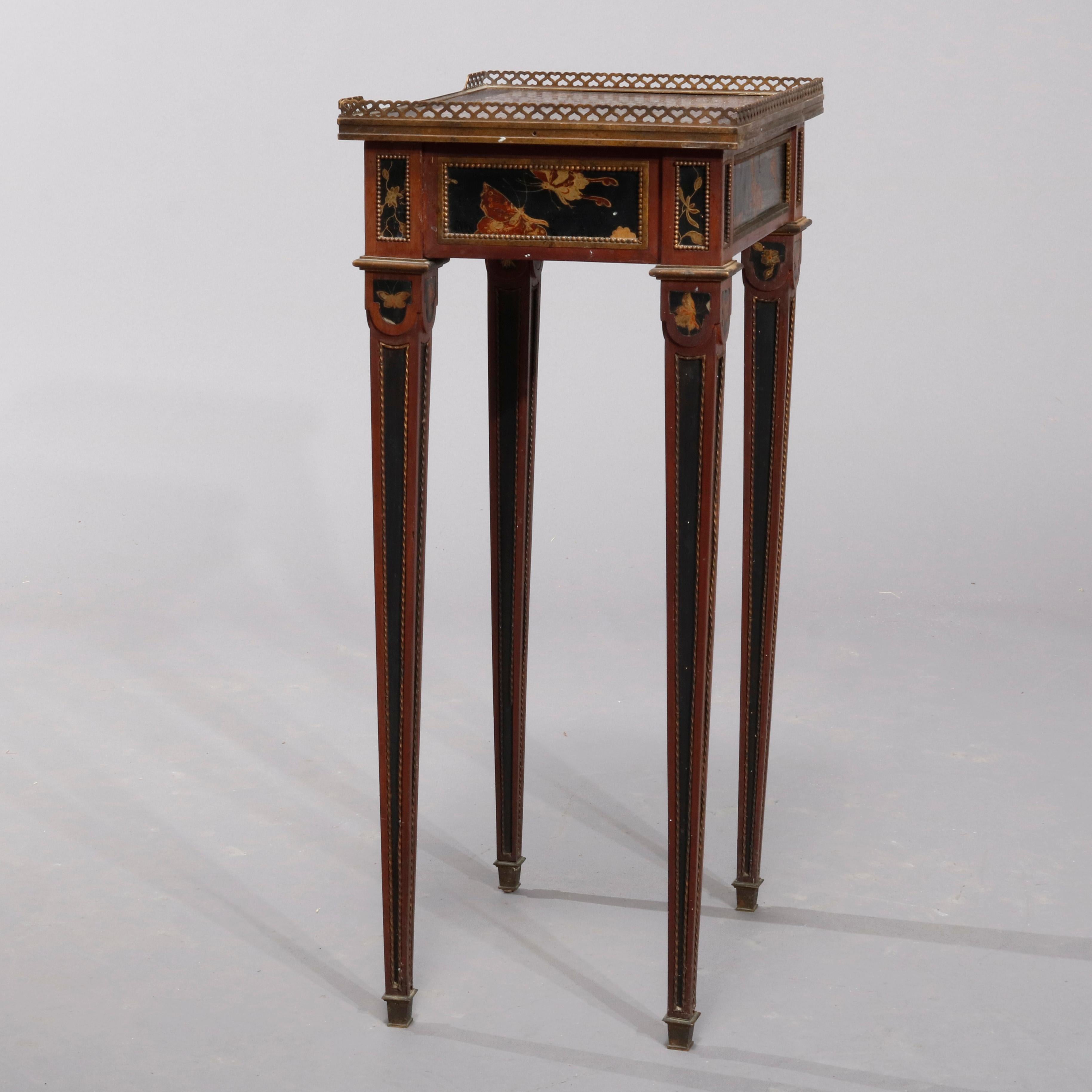 An antique French Louis XVI side stand in the manner of Francios Linke offers pierced bronze gallery surmounting ebonized and gilt case having single drawer, raised on squared and tapered legs; allover butterfly Chinoiserie decoration and ormolu