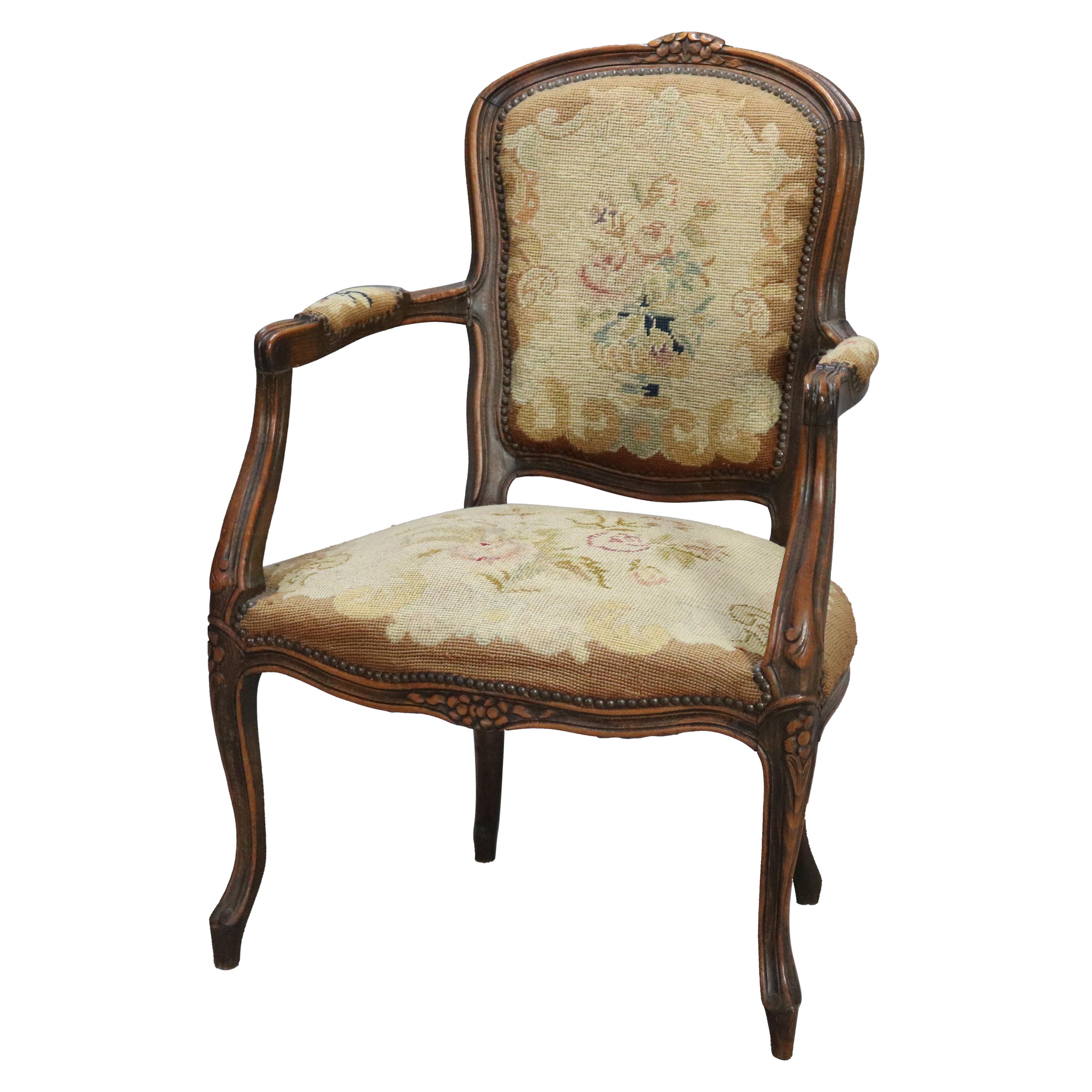 Antique French Louis XVI Fruitwood and Needlepoint Fauteuil Armchair, circa 1890