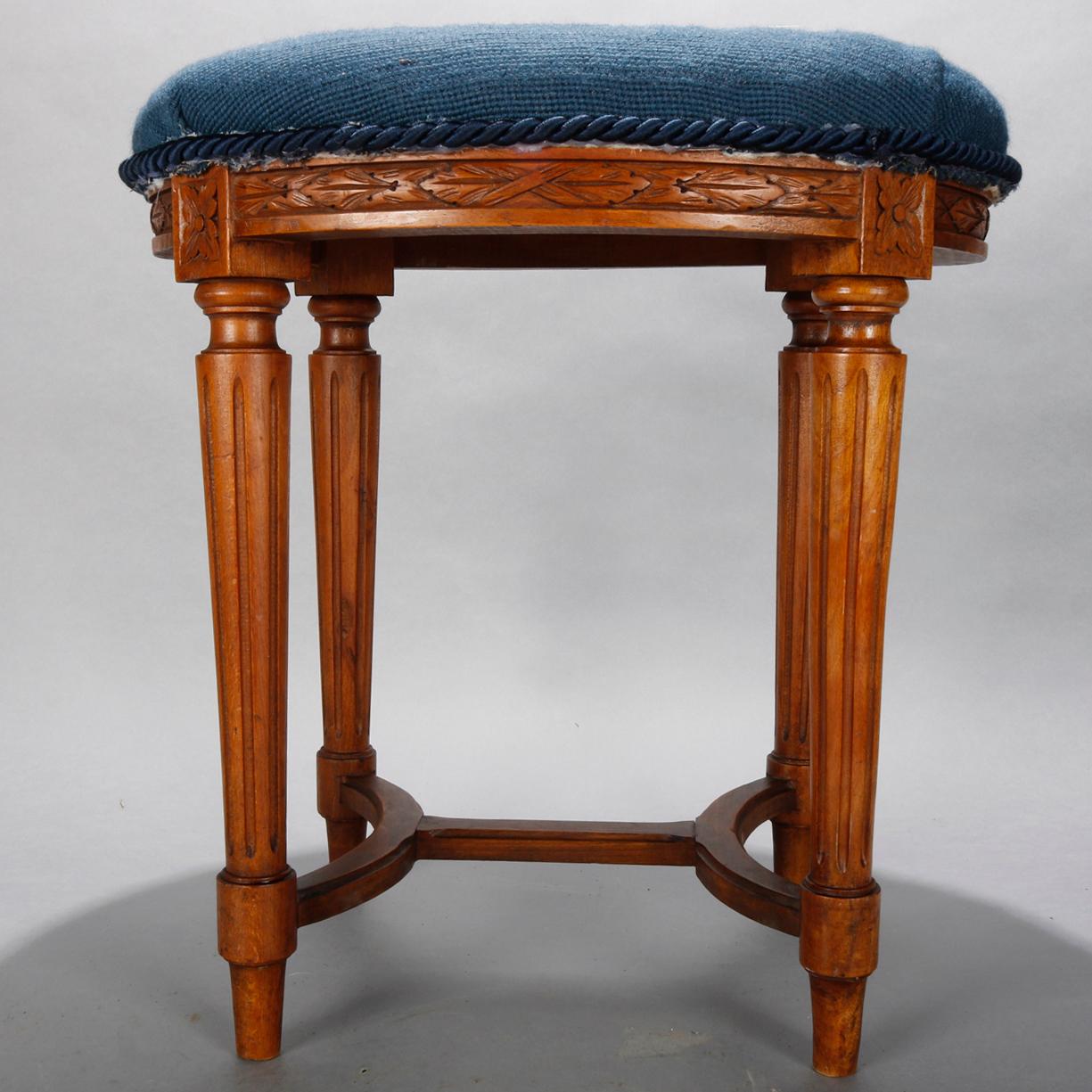 Carved Antique French Louis XVI Fruitwood and Needlepoint Stool, 19th Century
