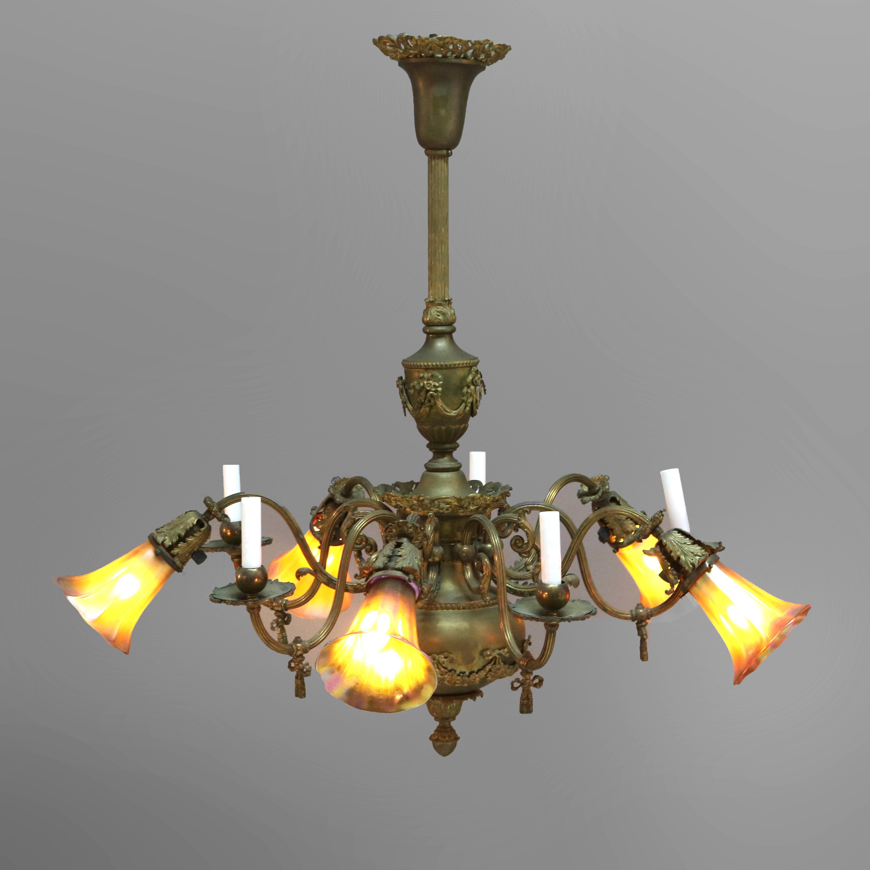 Antique French Louis XVI Gas & Electric Brass & Bronze Chandelier, c1880 In Good Condition In Big Flats, NY