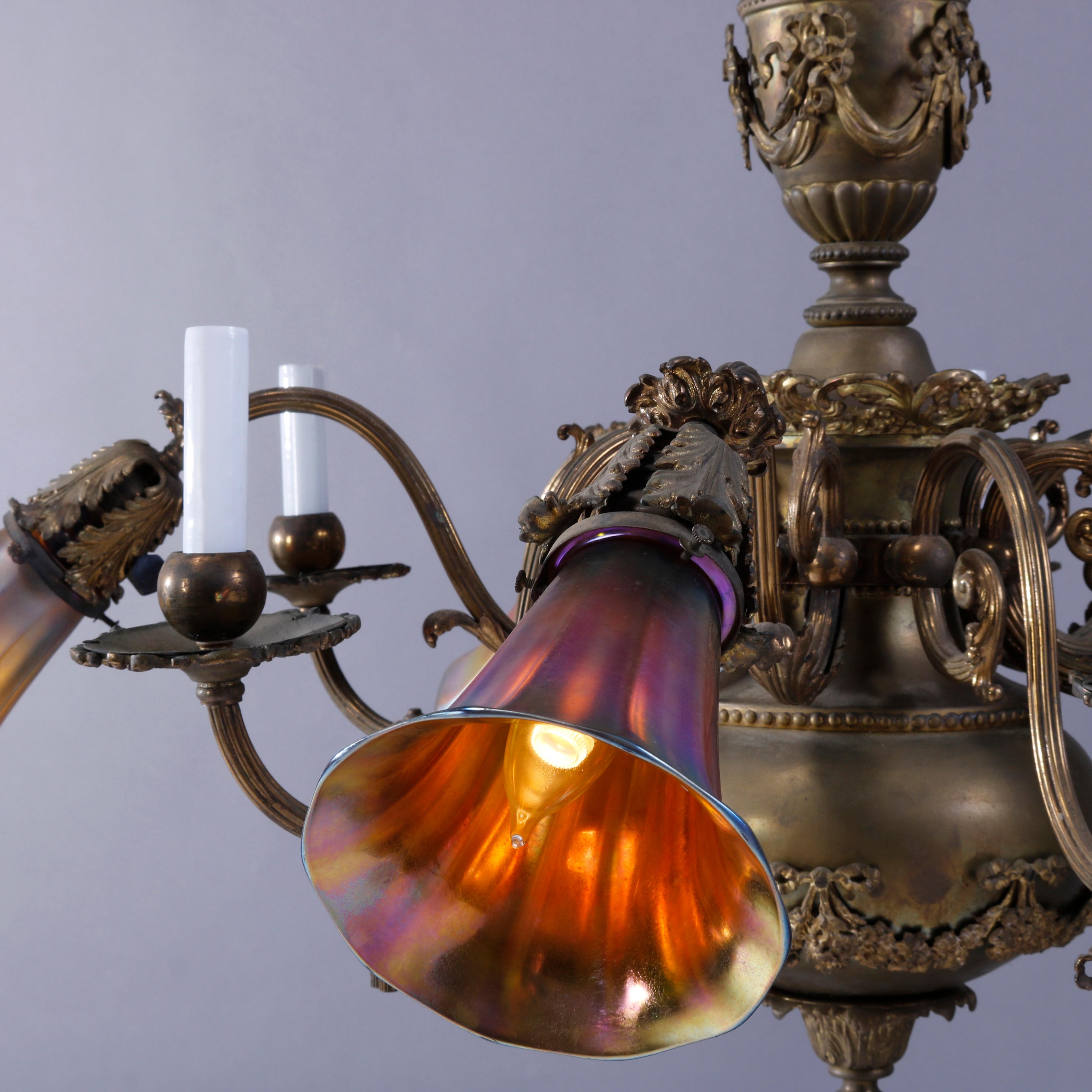 Art Glass Antique French Louis XVI Gas & Electric Brass & Bronze Chandelier, c1880