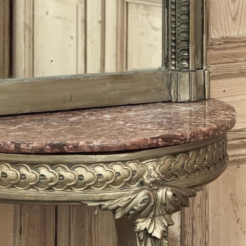 Antique French Louis XVI Gilded Marble Top Console with Trumeau For Sale 8
