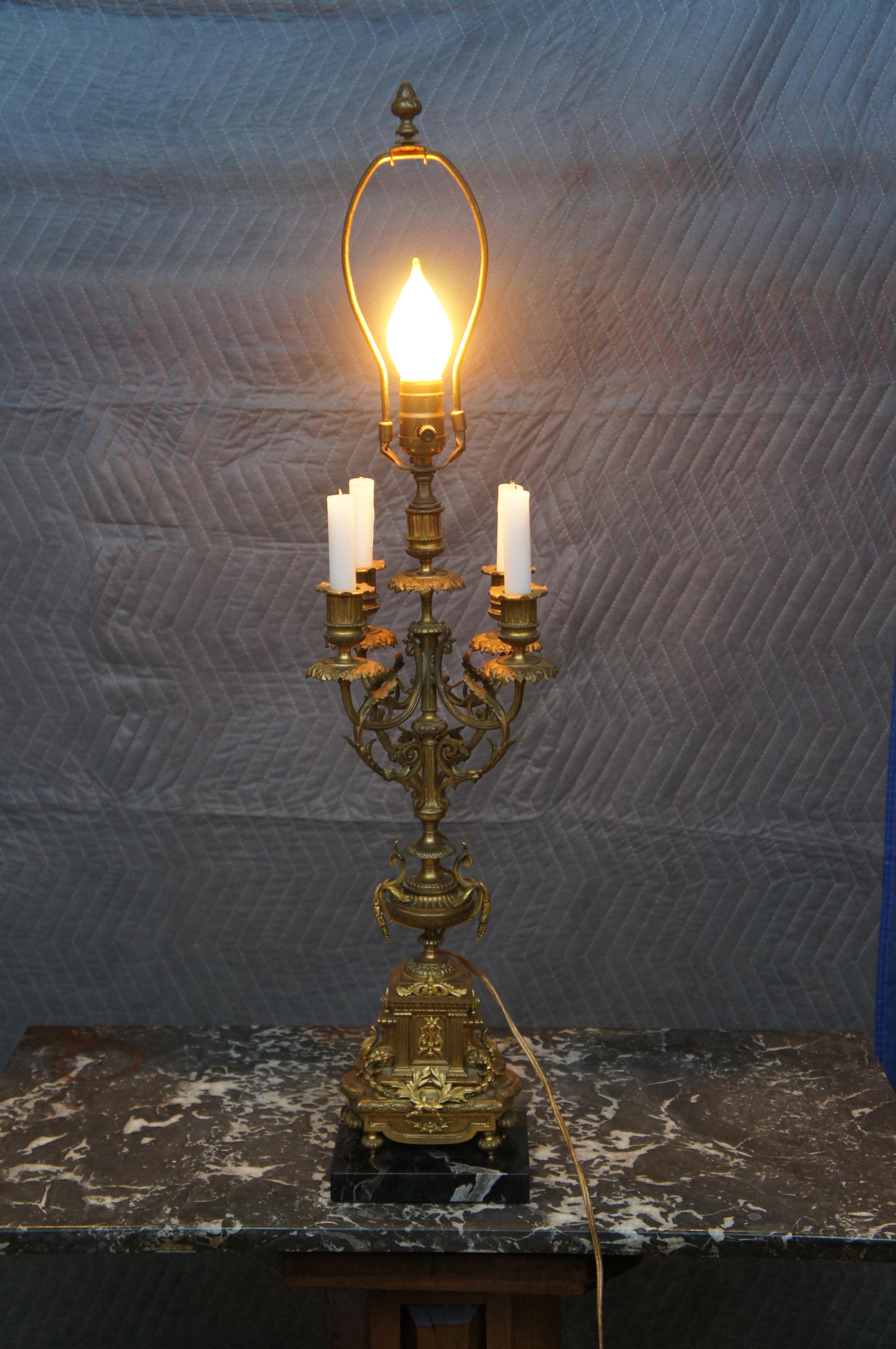 Antique French Louis XVI Gilt Brass Converted 4 Arm Candelabra Table Lamp Light For Sale 7