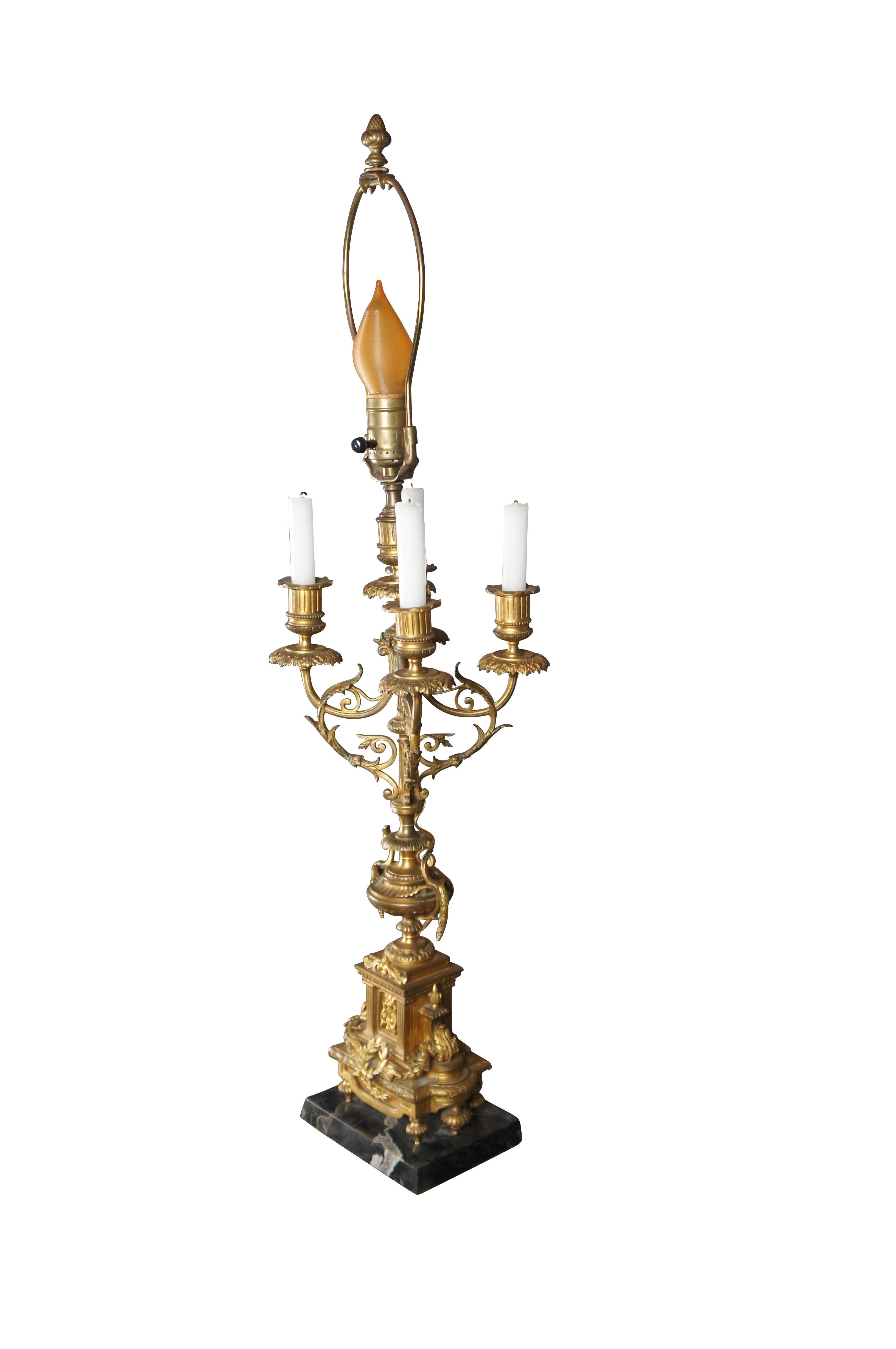 Antique French Louis XVI Gilt Brass Converted 4 Arm Candelabra Table Lamp Light In Good Condition For Sale In Dayton, OH