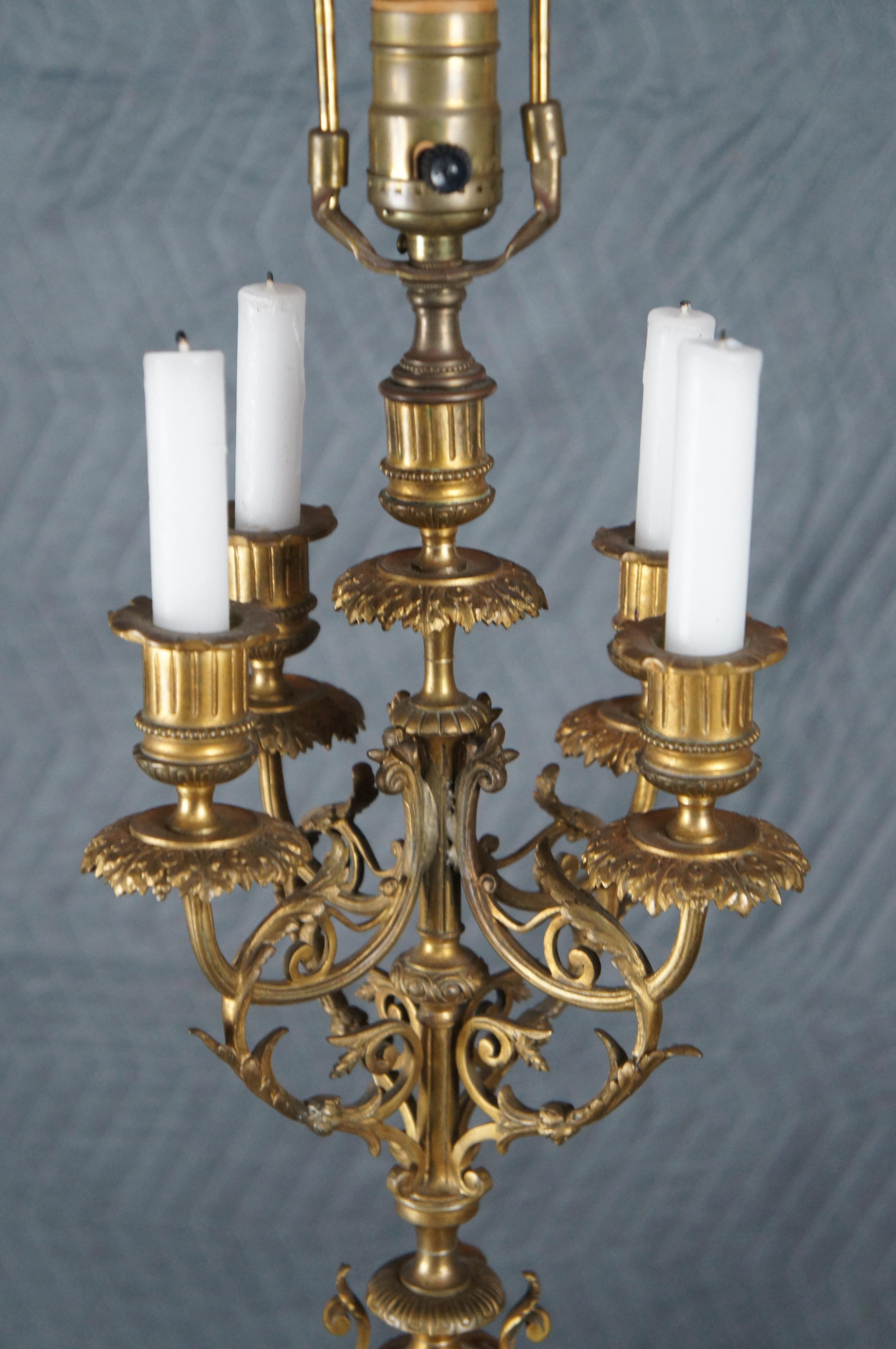 20th Century Antique French Louis XVI Gilt Brass Converted 4 Arm Candelabra Table Lamp Light For Sale